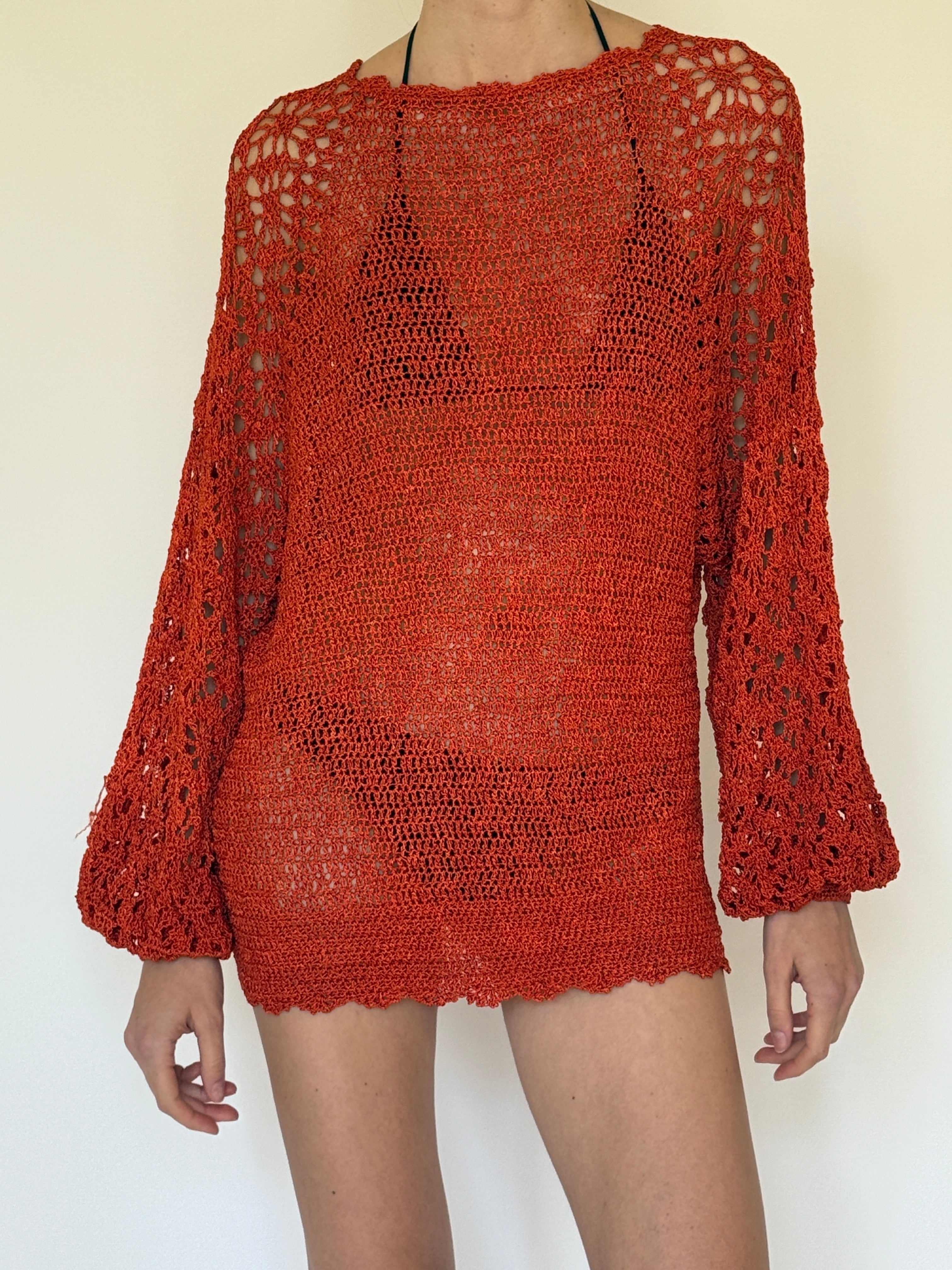 Vintage rust crochet swim cover-up dress front view