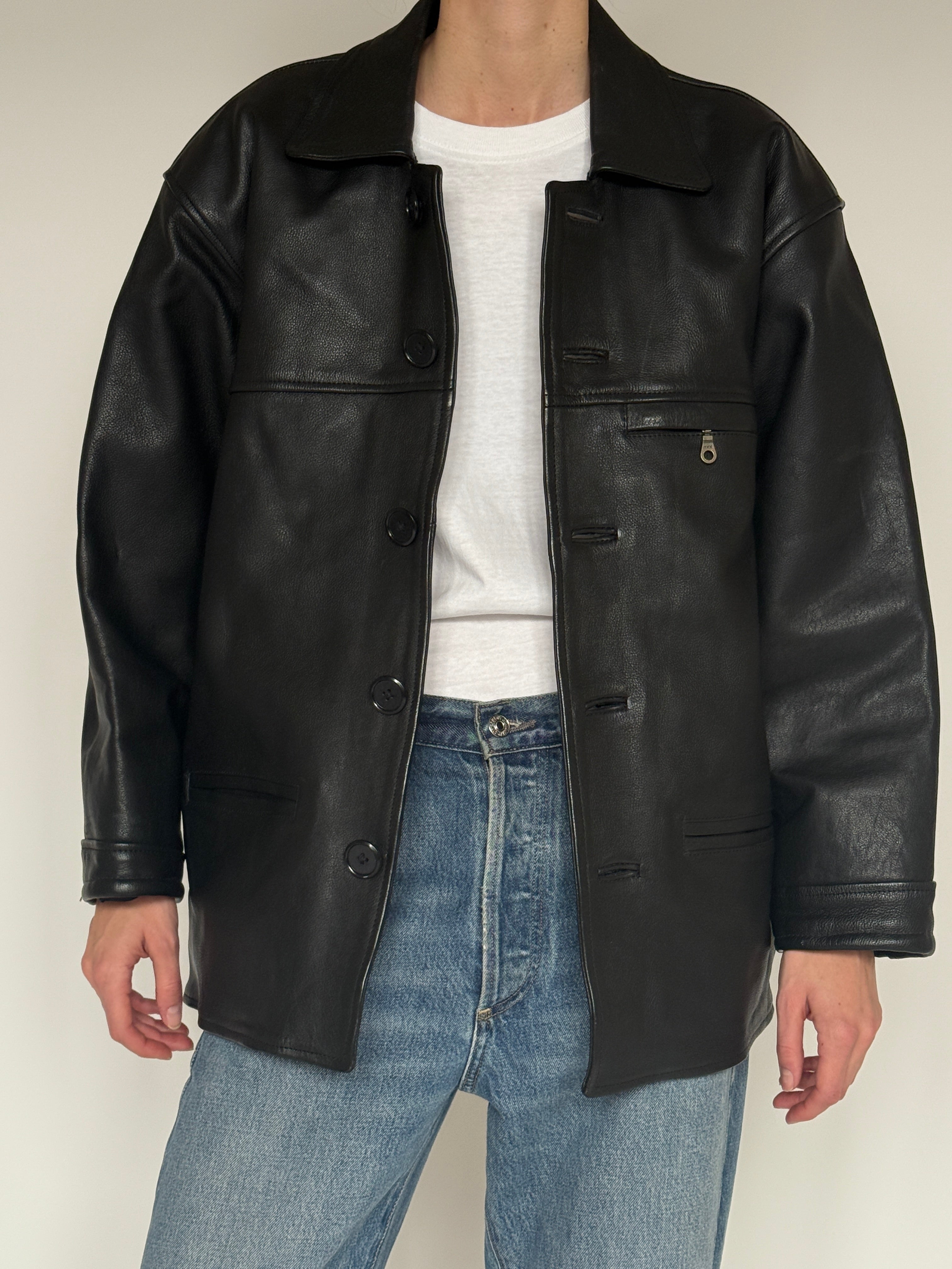 Vintage black leather jacket zip pocket detail