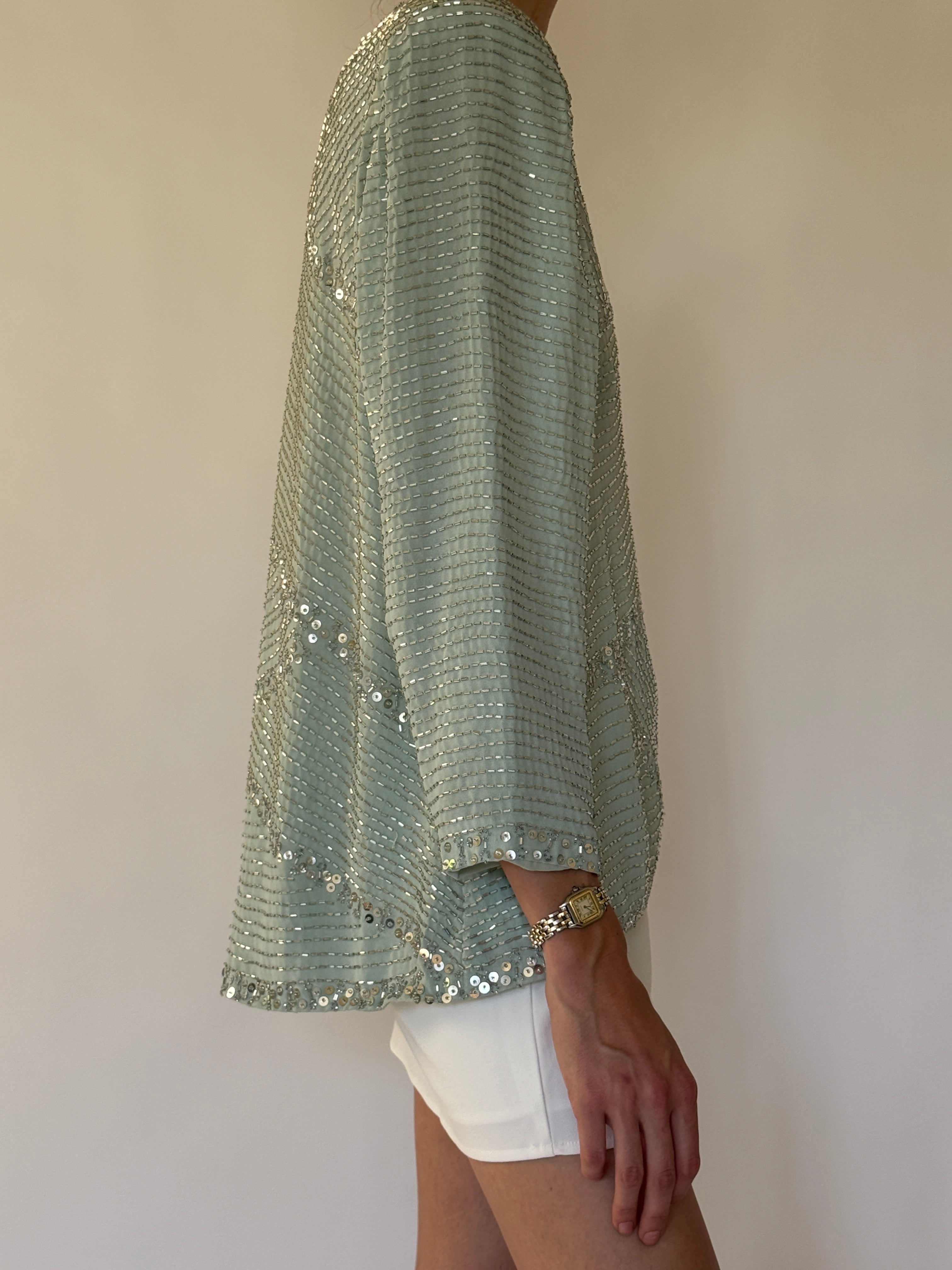 Vintage sage green beaded sequin top side view