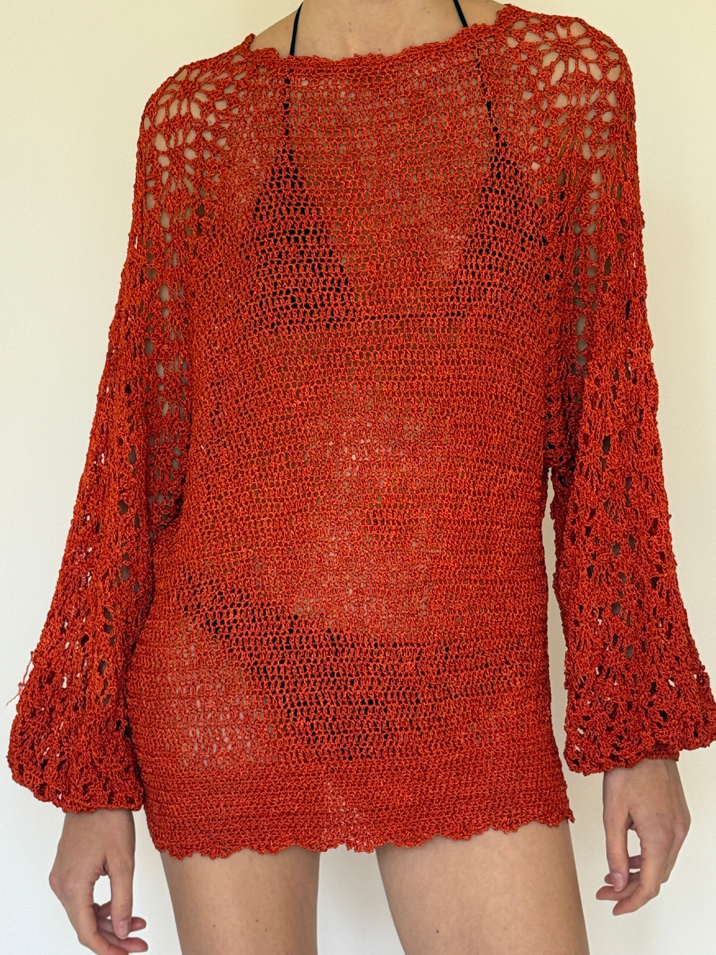 Vintage rust crochet swim cover-up dress front view