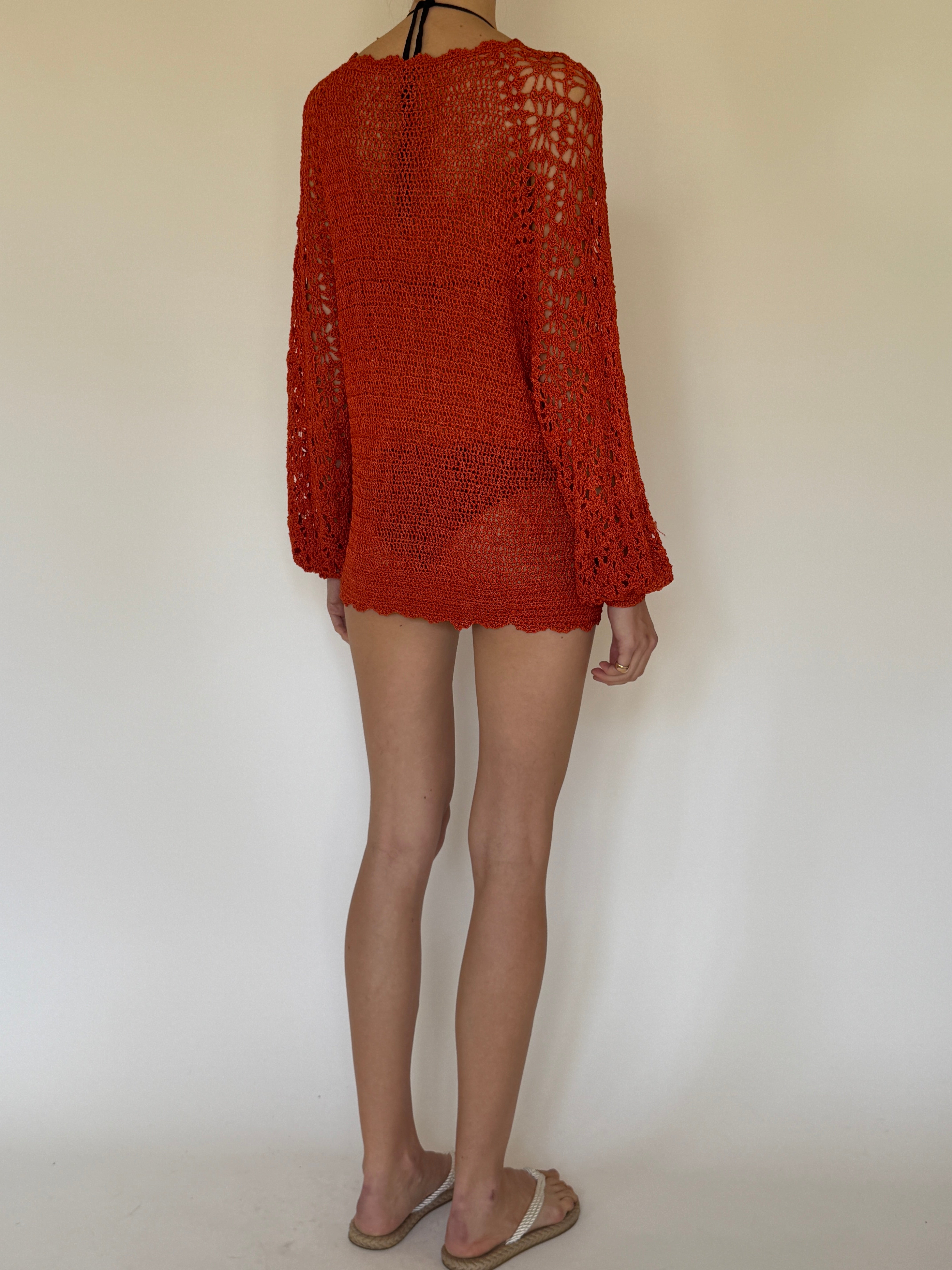 Vintage rust crochet swim cover-up dress back view