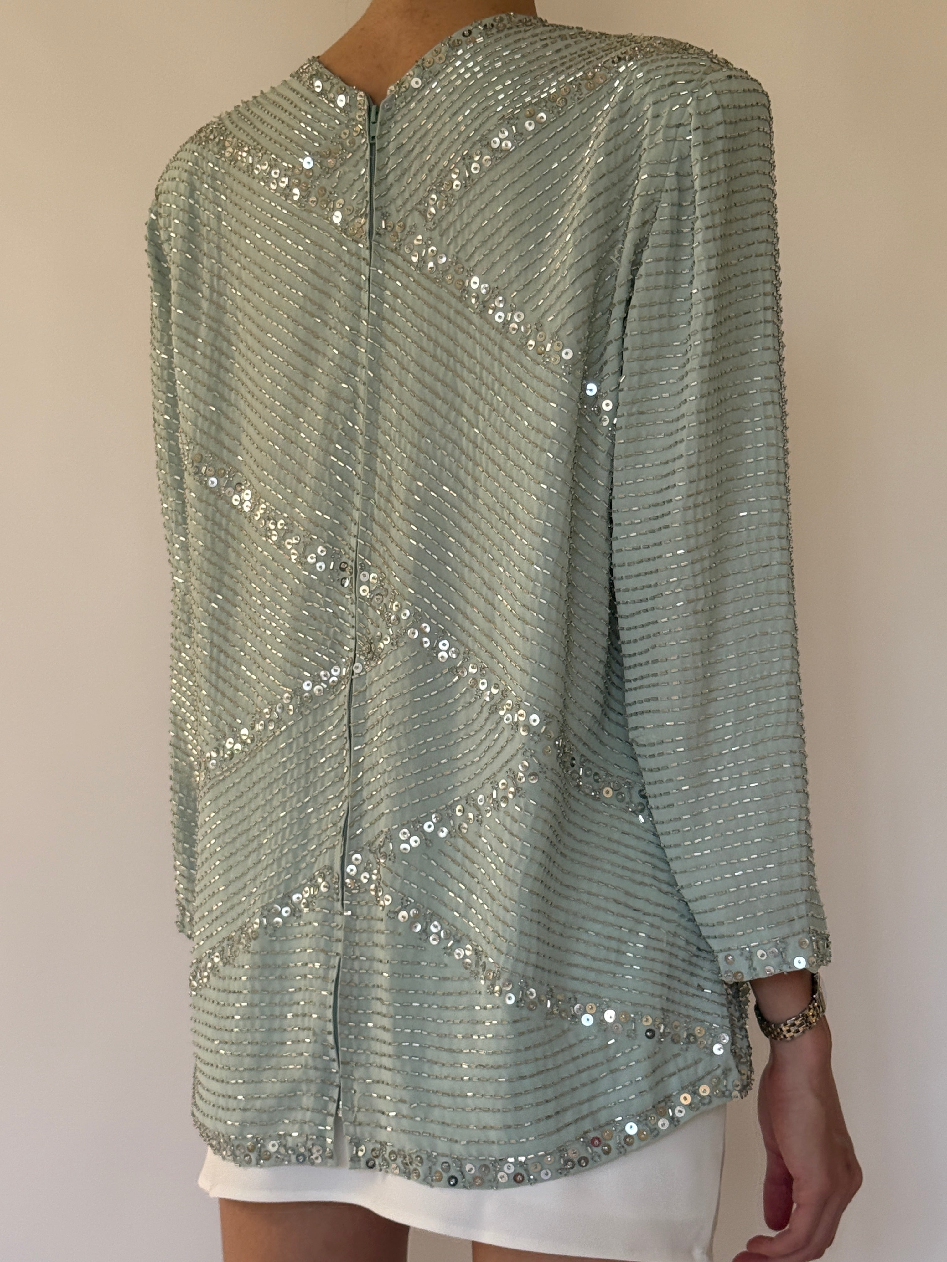 Vintage sage green beaded sequin top back view