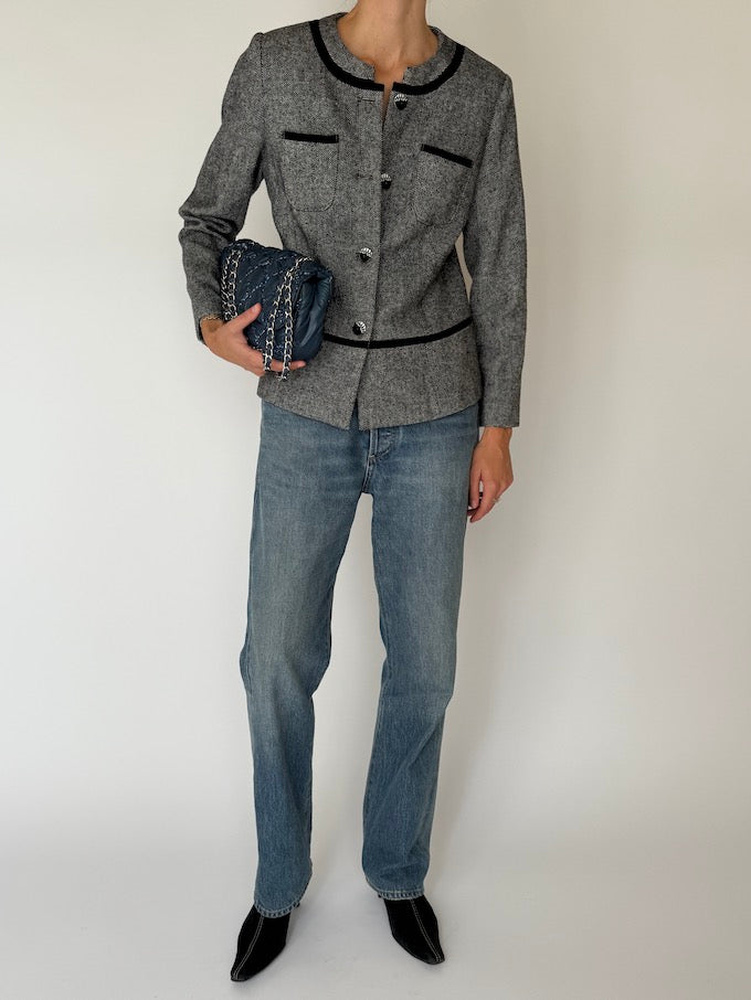 Vintage Tailored Tweed Blazer with Velvet Trim 6530