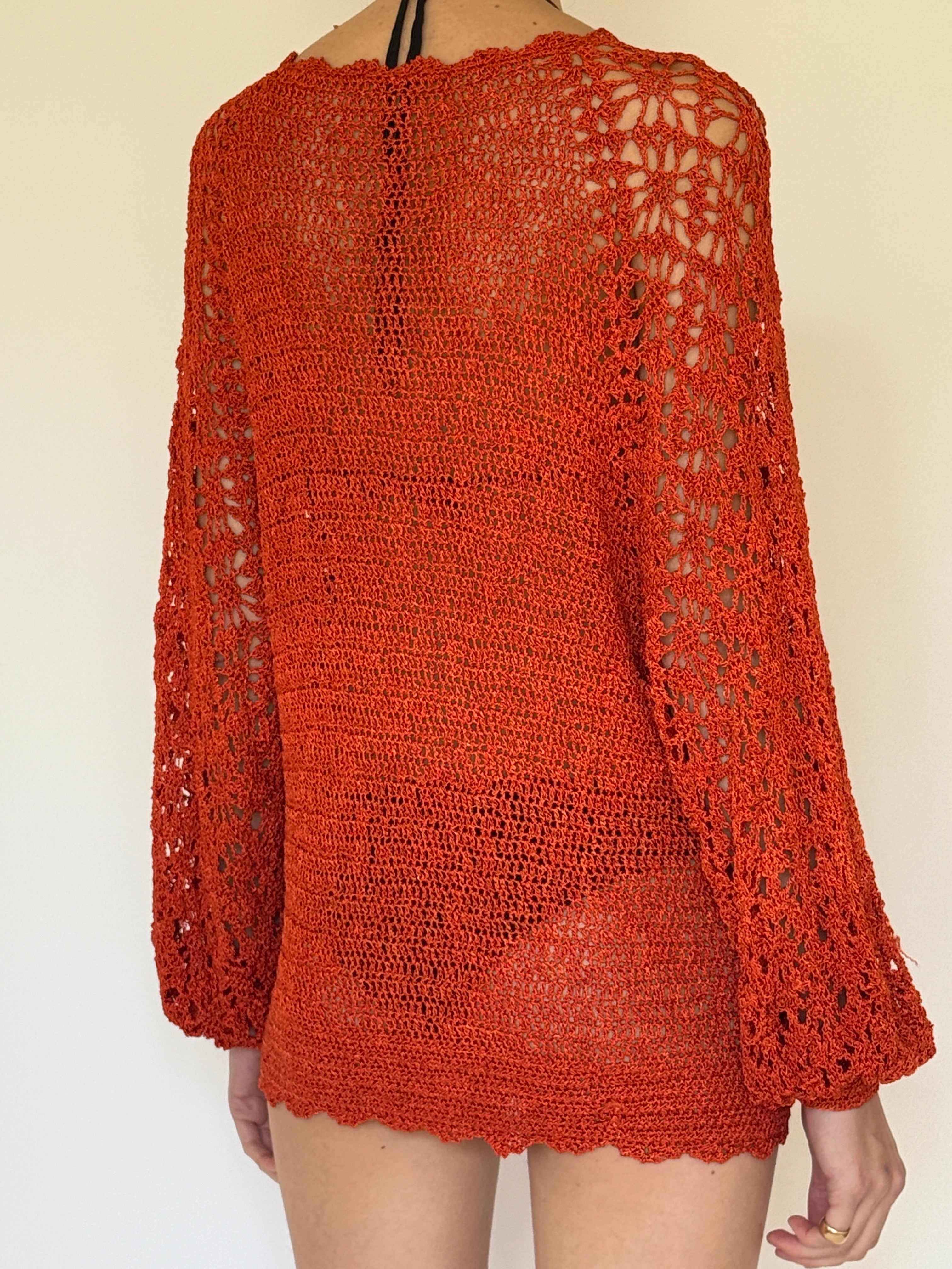 Vintage rust crochet swim cover-up dress back view