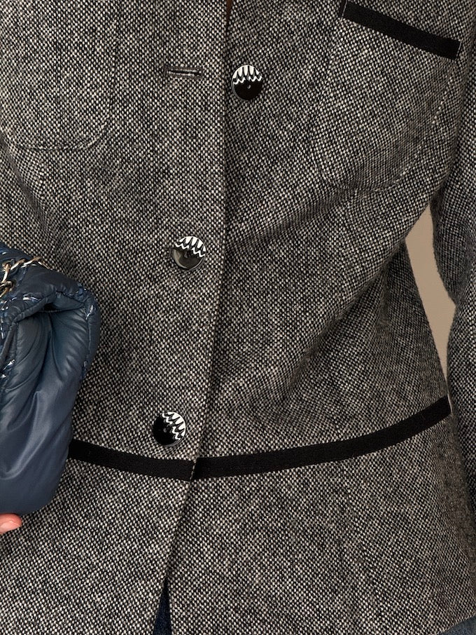 Vintage Tailored Tweed Blazer with Velvet Trim 6530