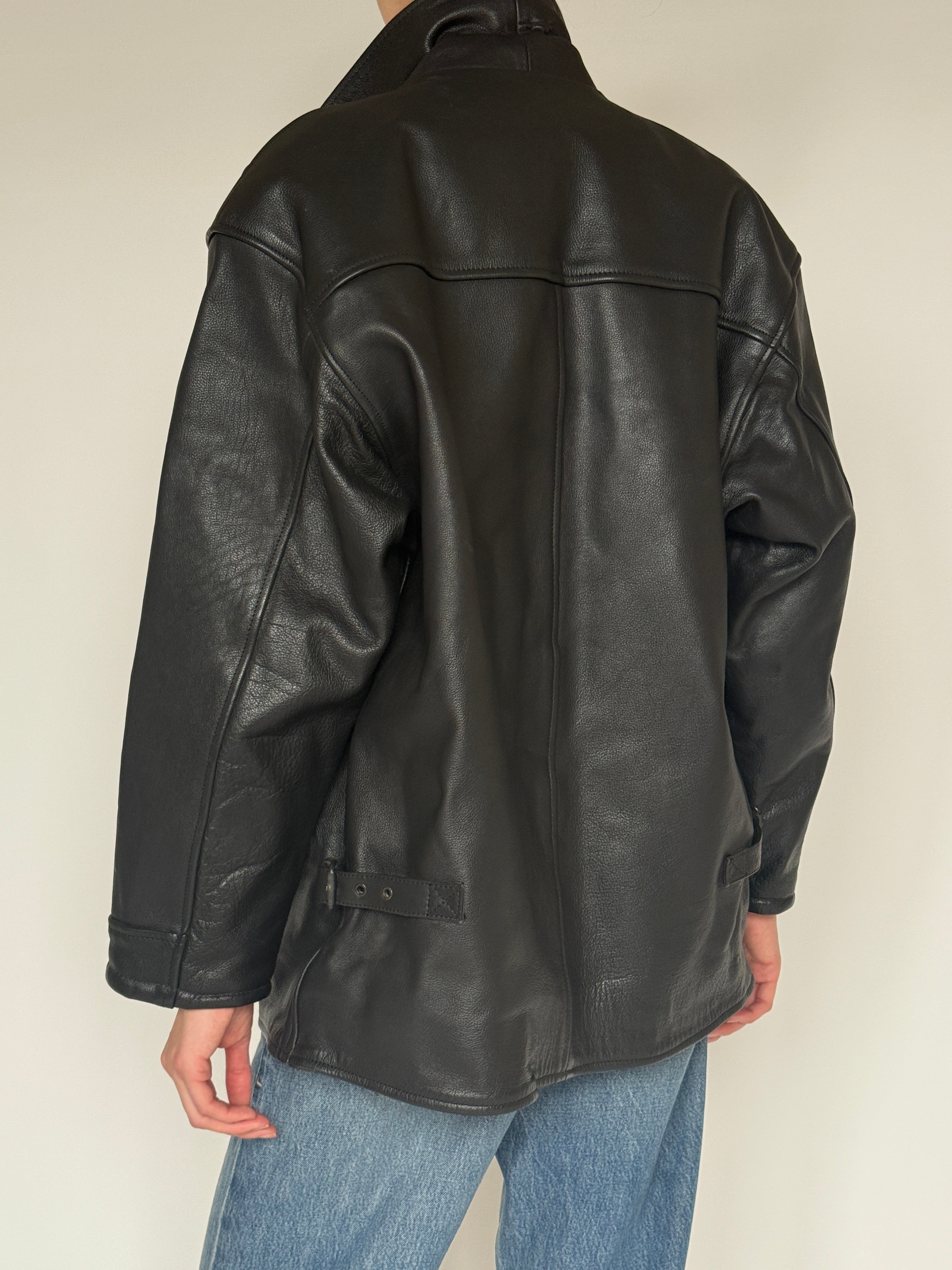 Vintage leather jacket black back view