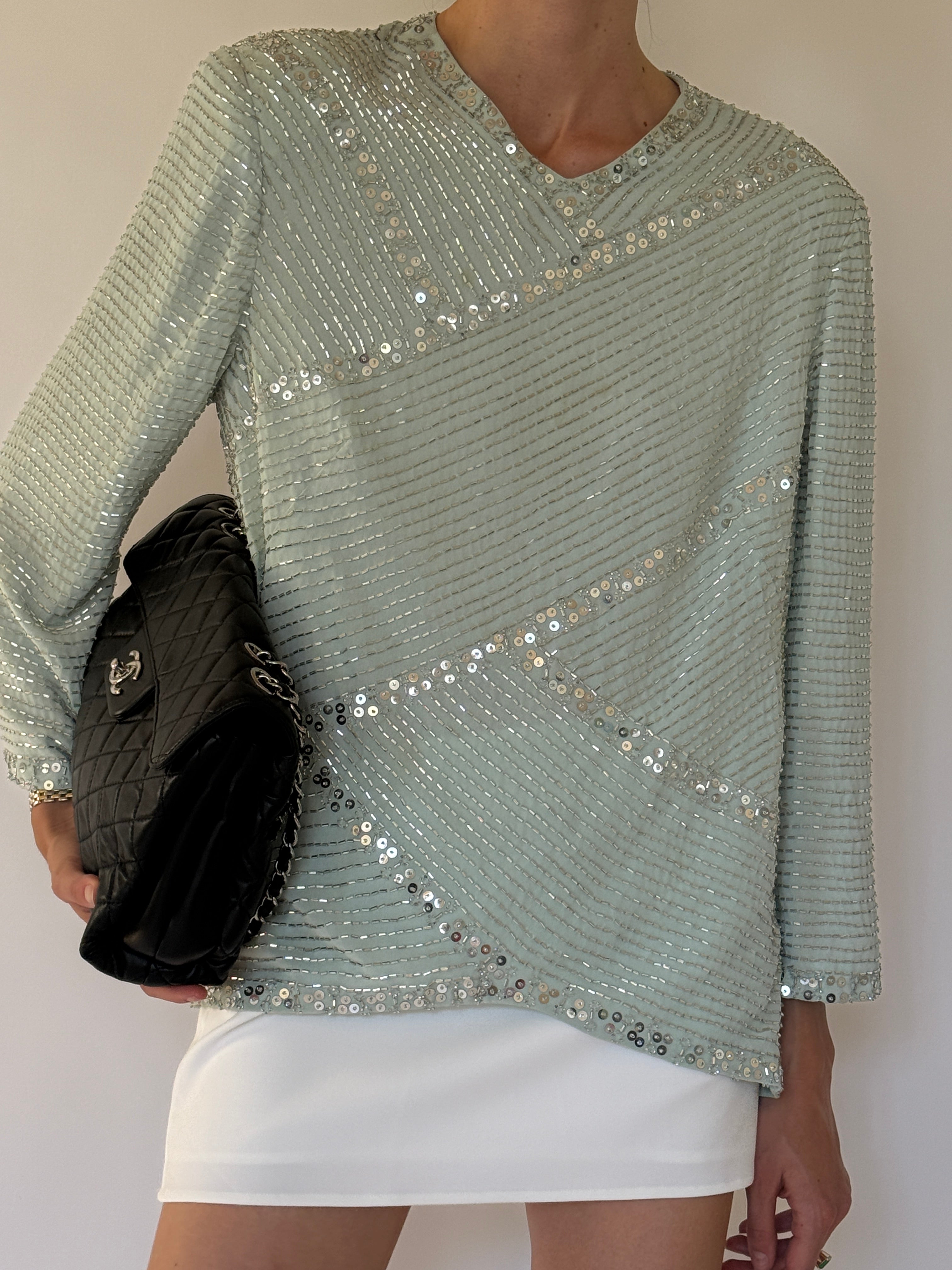 Vintage sage green beaded sequin evening top front view