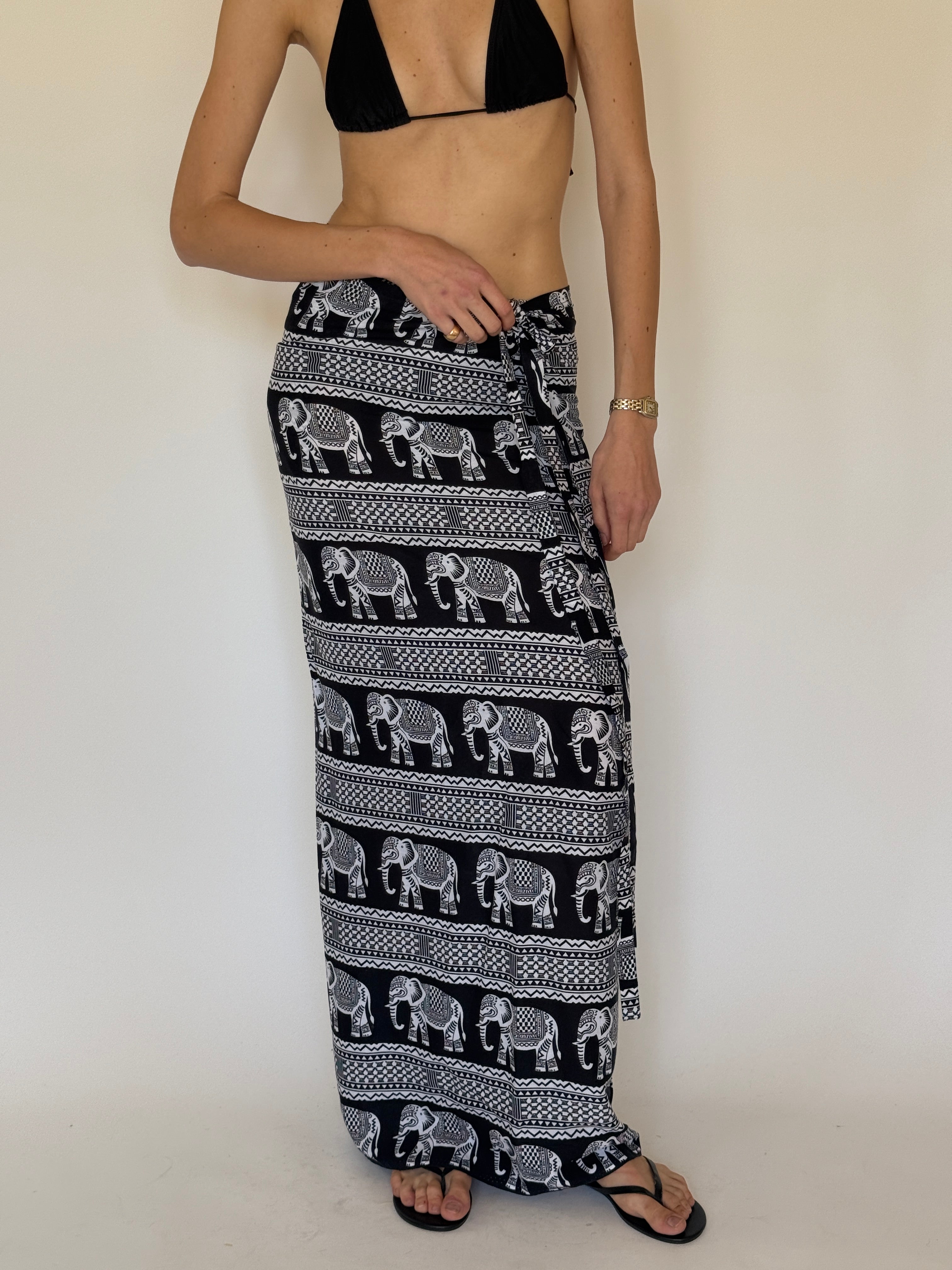 Vintage black and white elephant print wrap sarong maxi length wrap silhouette