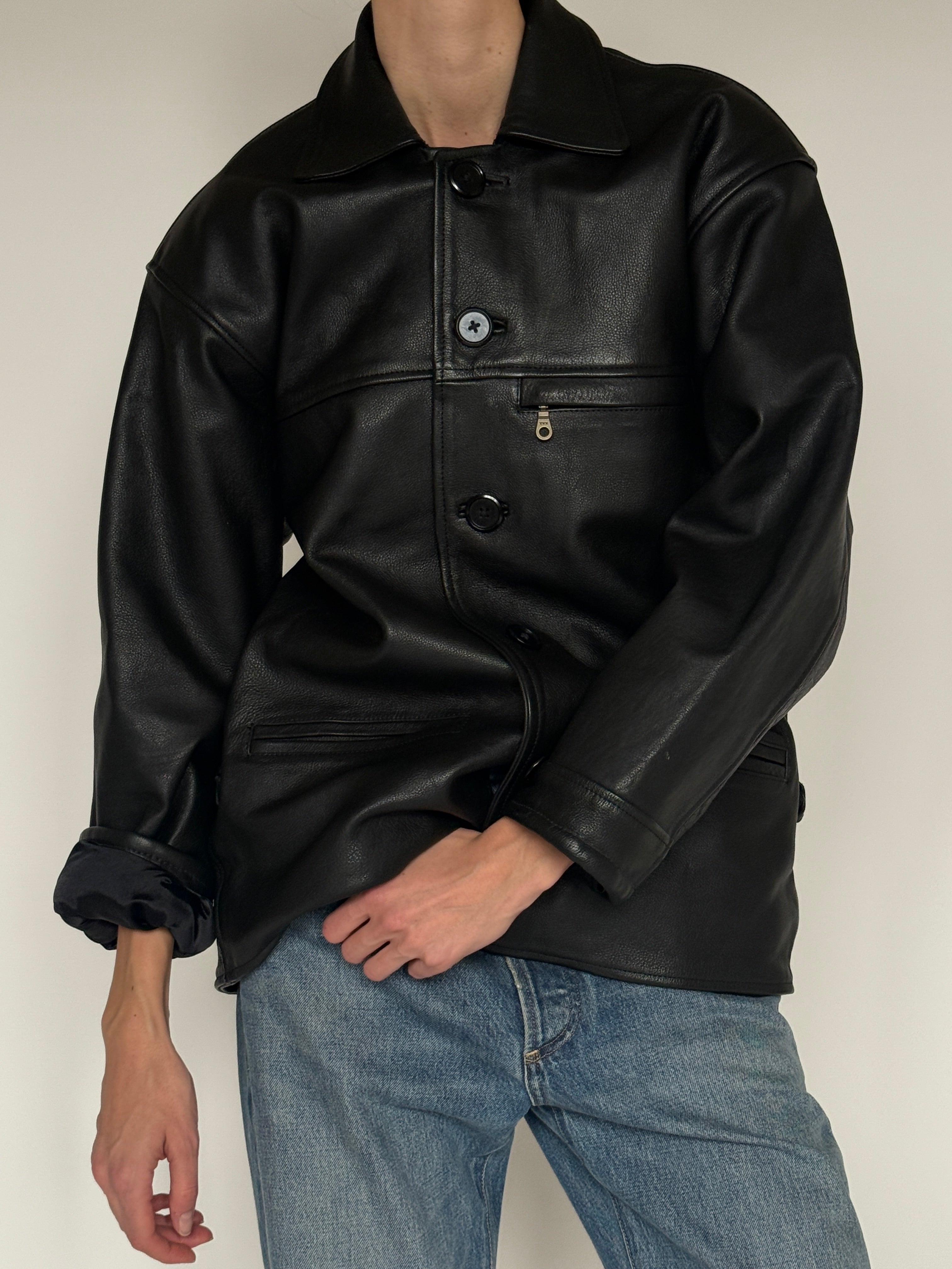 Vintage leather button-front jacket black front view