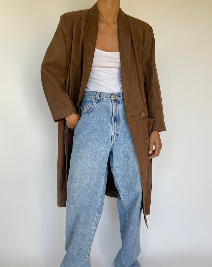 VINTAGE LONG BROWN SUEDE LEATHER JACKET 3205
