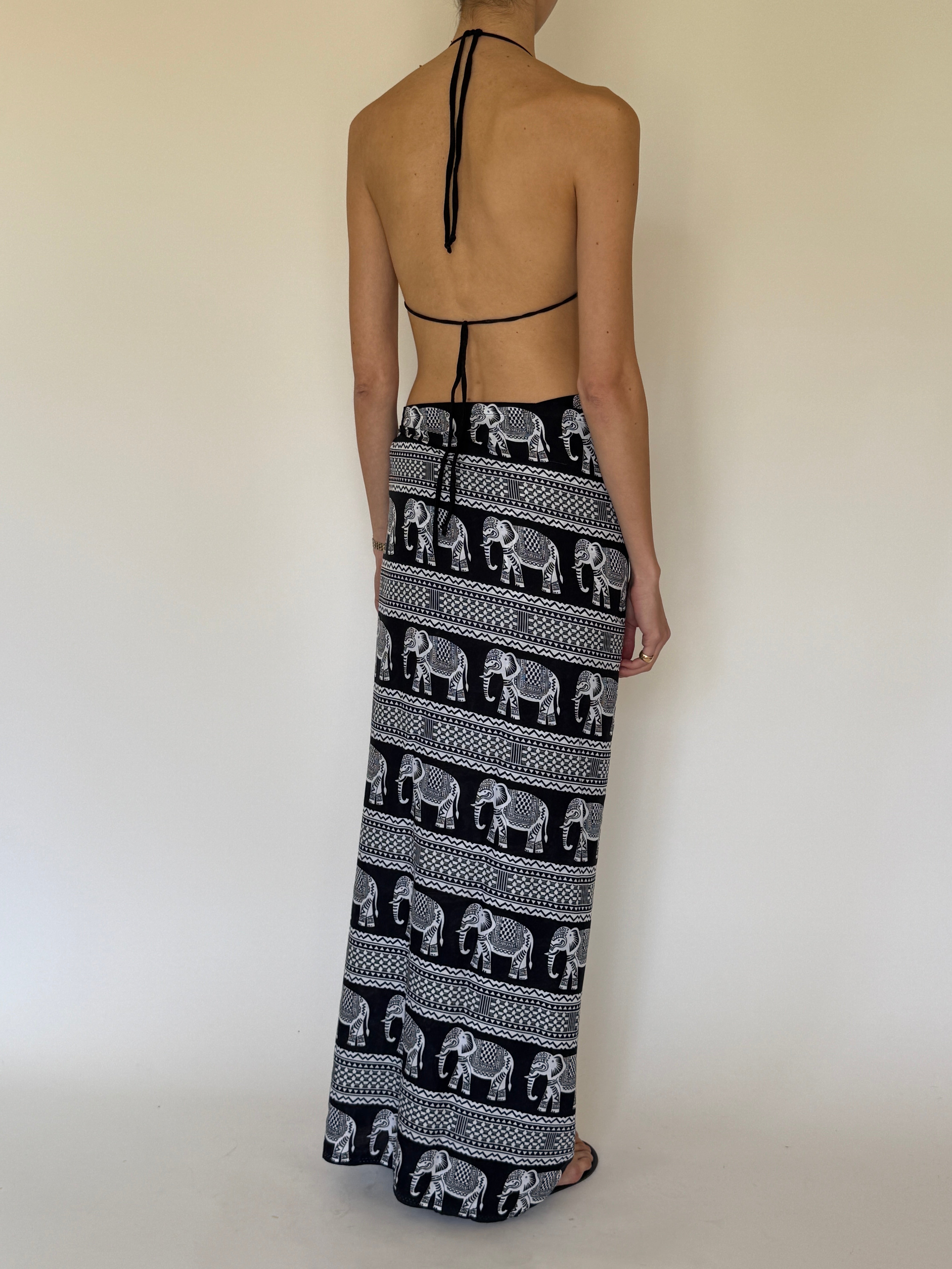 Vintage black and white elephant print wrap sarong back view full length