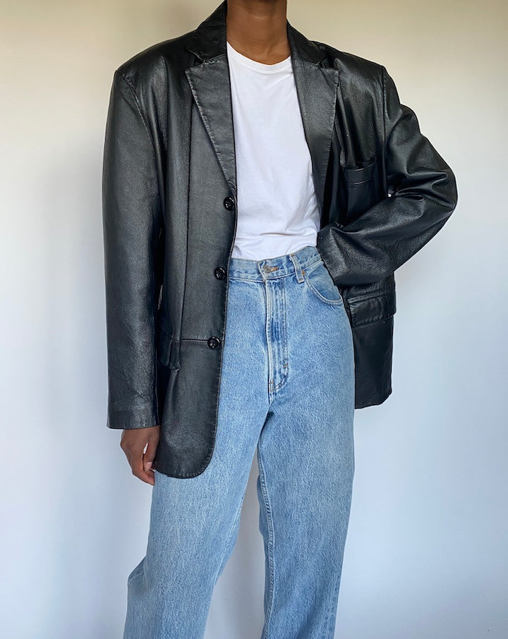 VINTAGE BLACK OVERSIZED BLACK LEATHER JACKET 3621