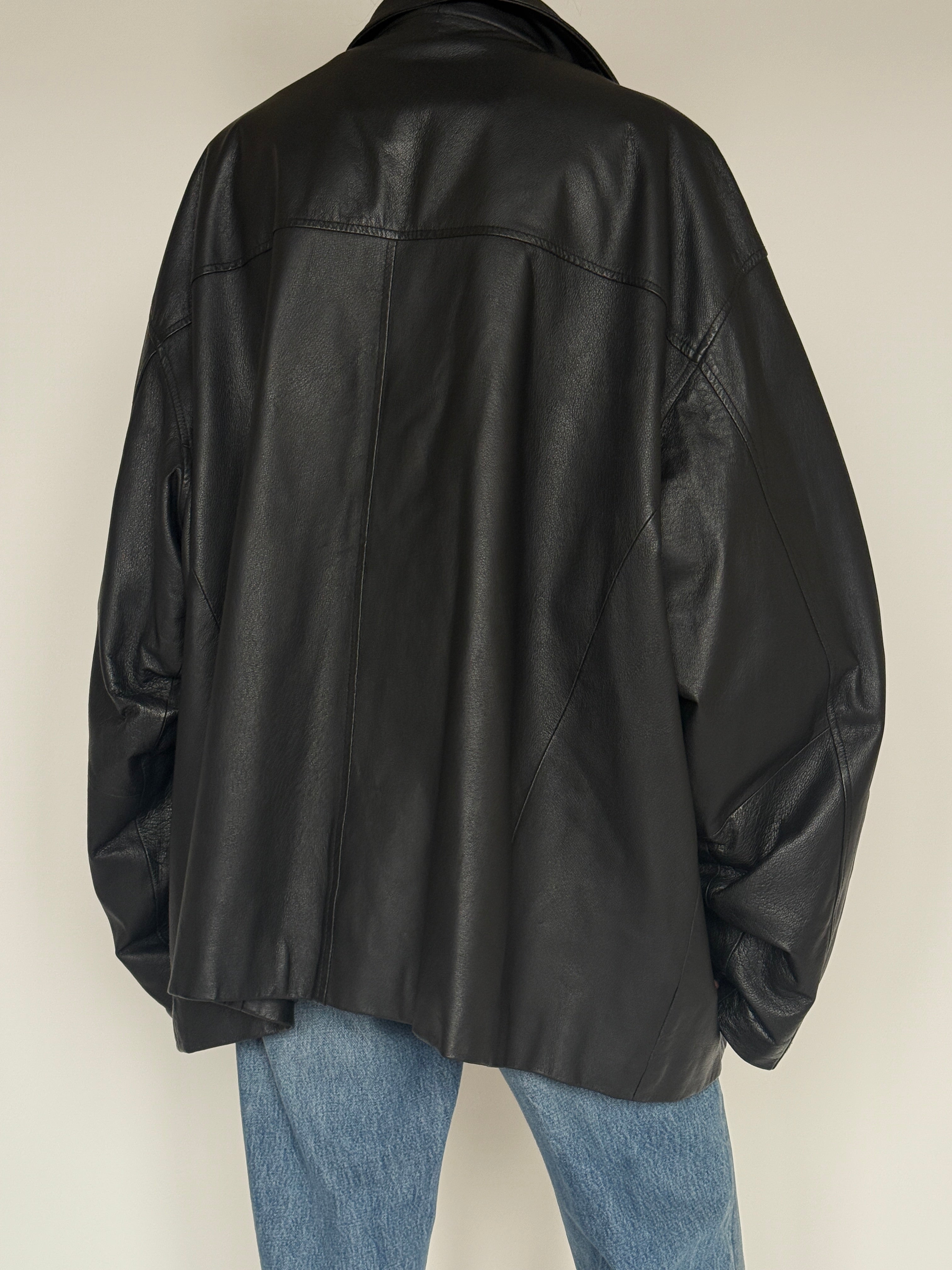 Vintage black oversized leather jacket back view