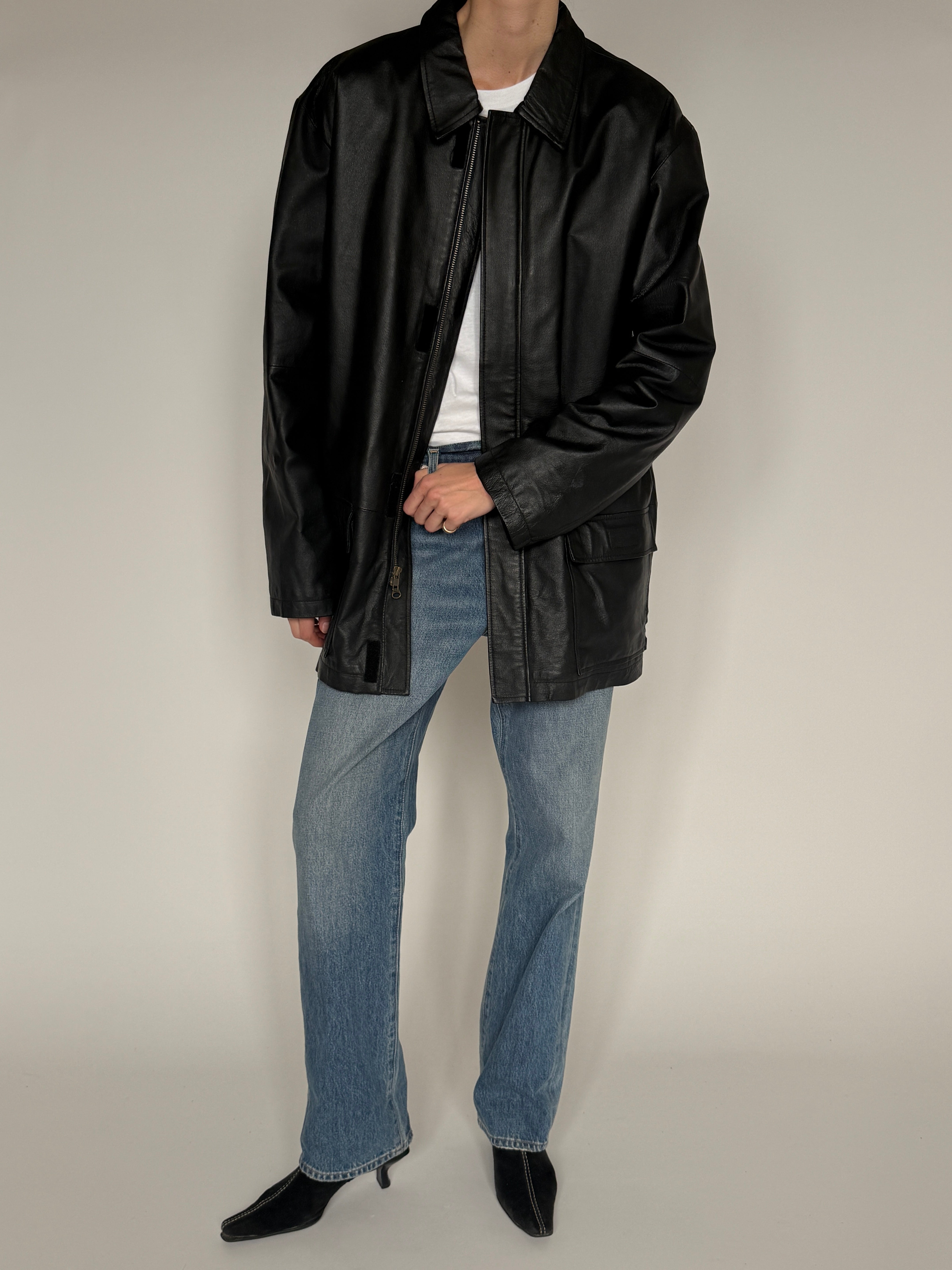 Vintage black leather jacket front view