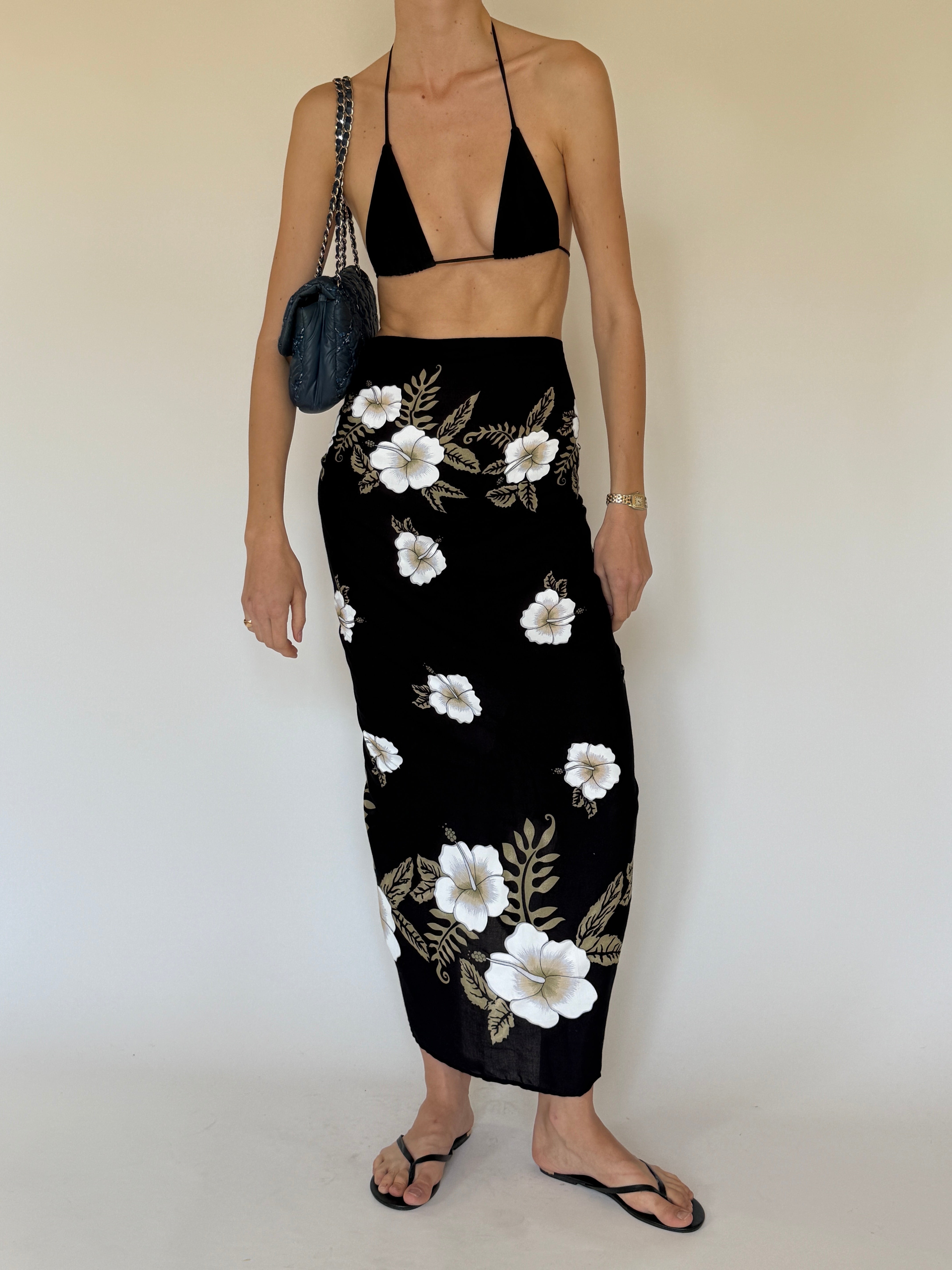 Vintage black floral wrap sarong front view