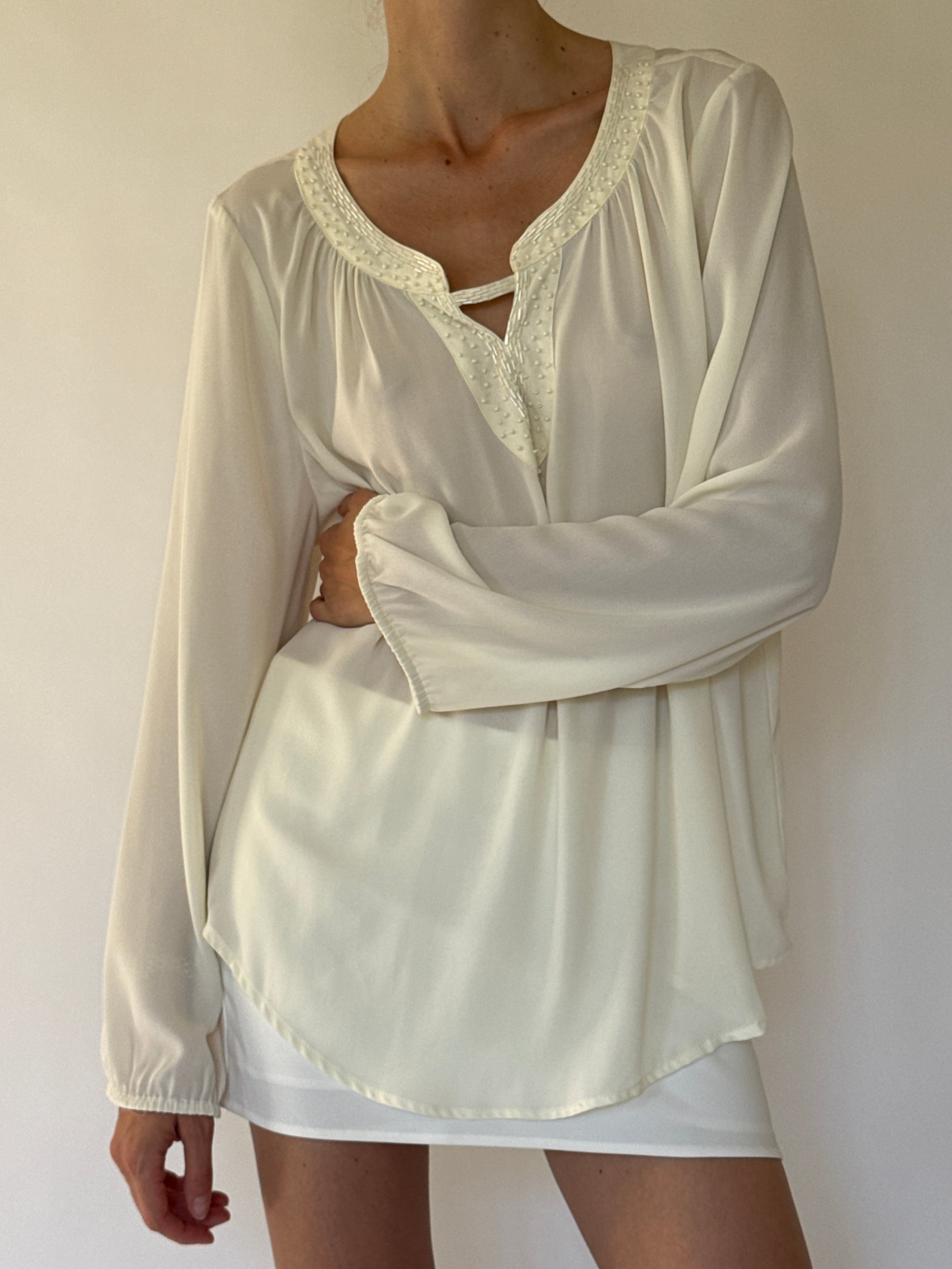 Vintage ivory beaded blouse front view