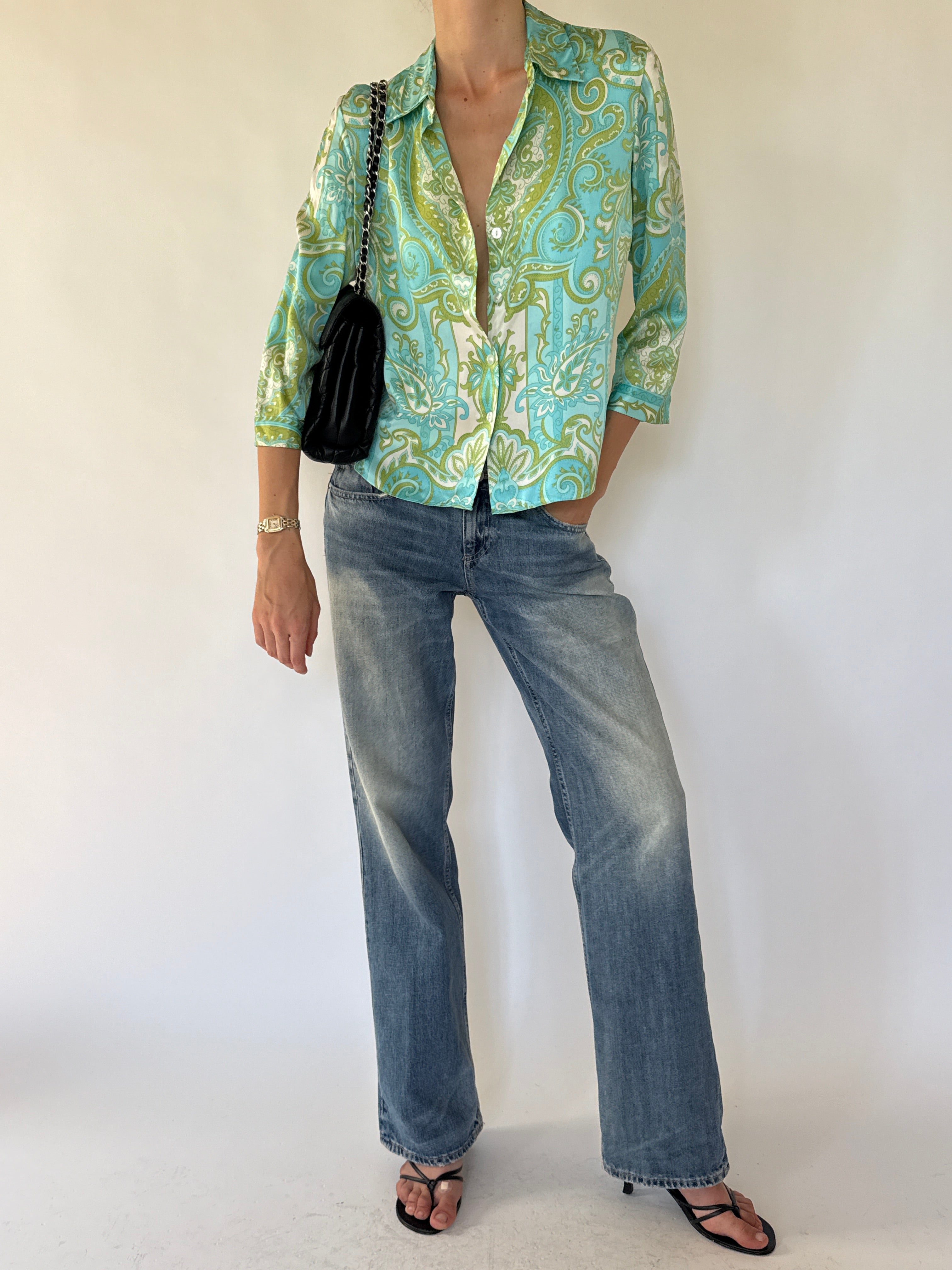 Vintage aqua green silk paisley shirt front view