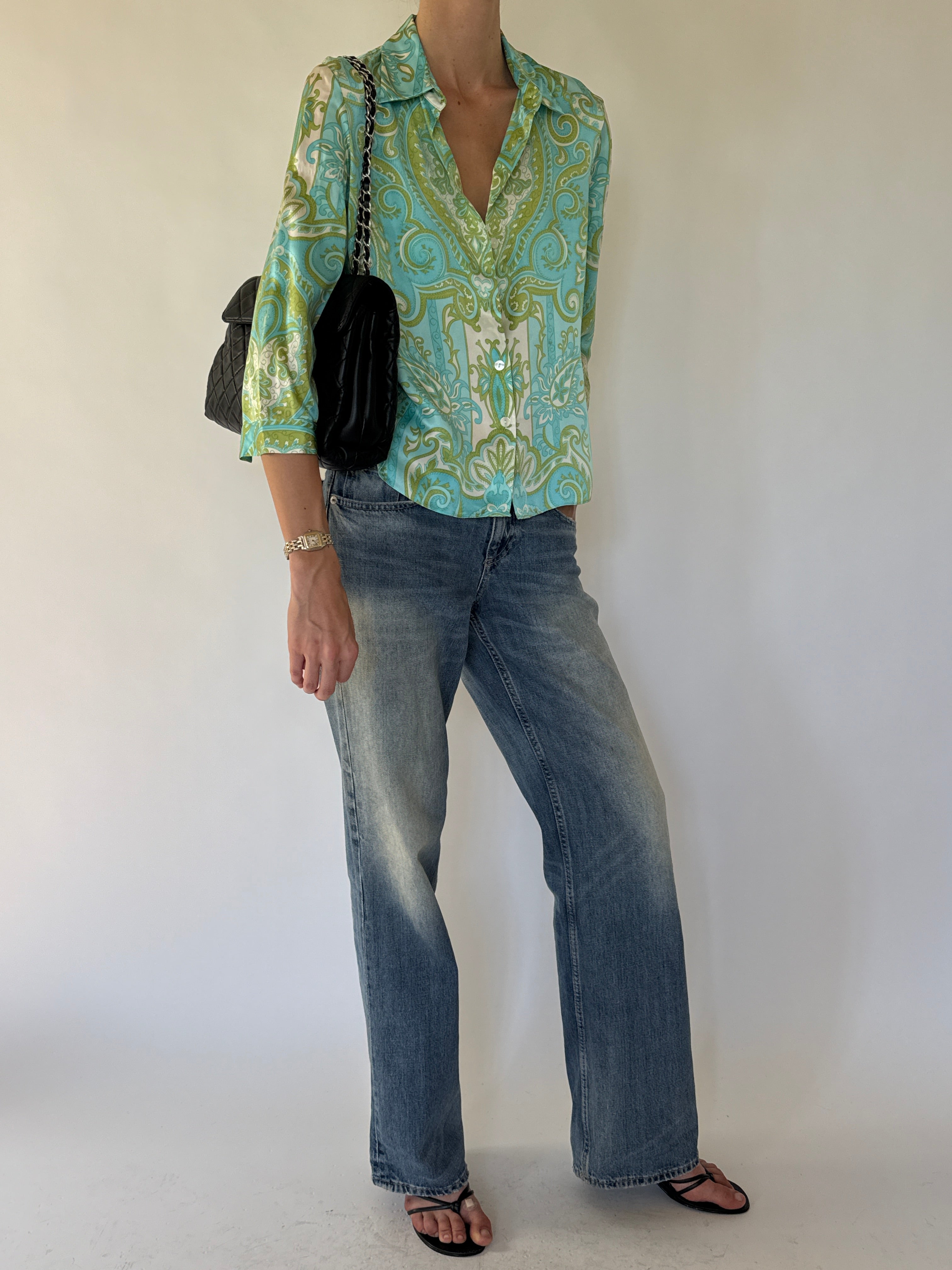 Vintage aqua green silk paisley shirt front view