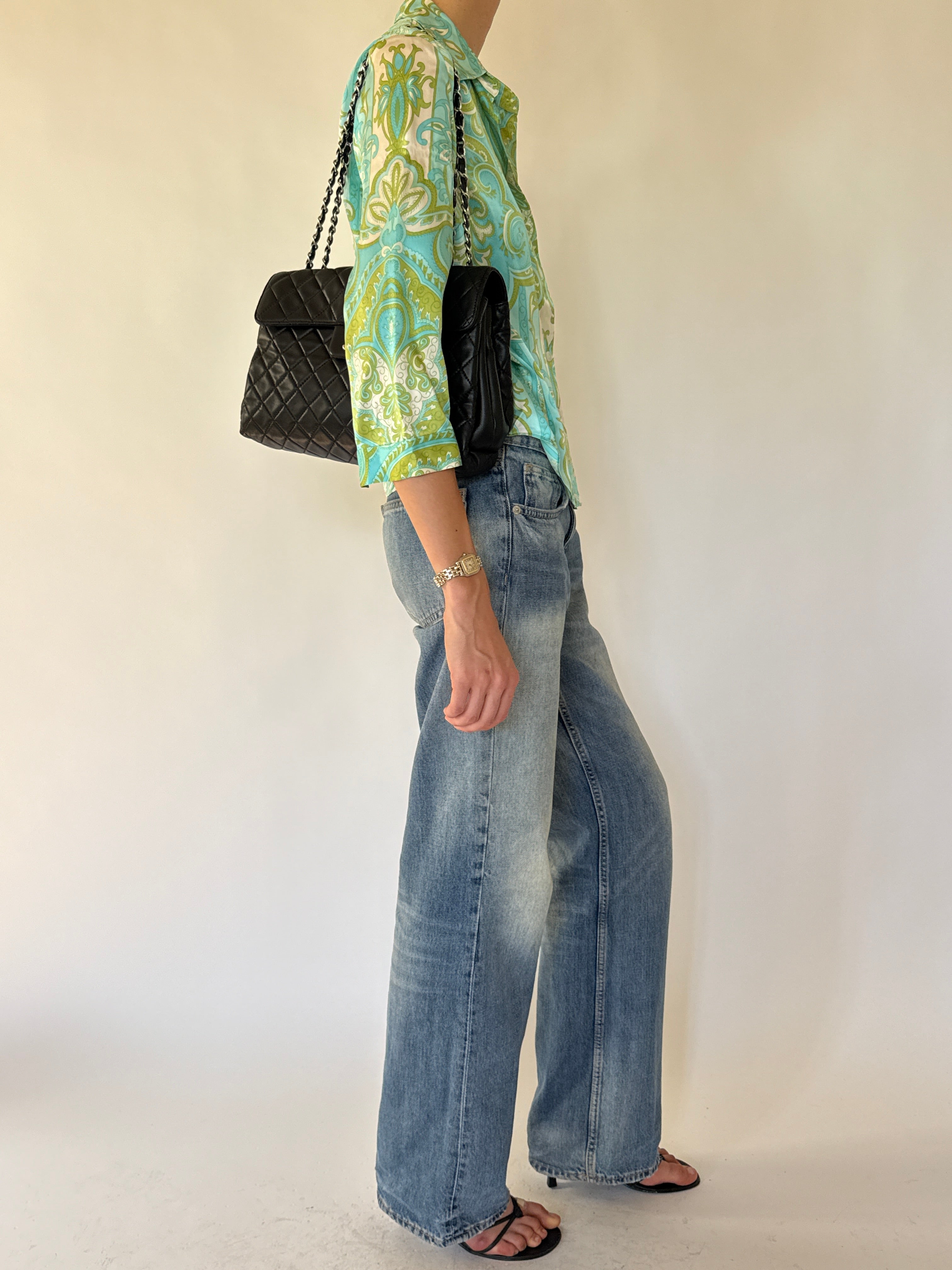 Vintage aqua green silk paisley shirt side view