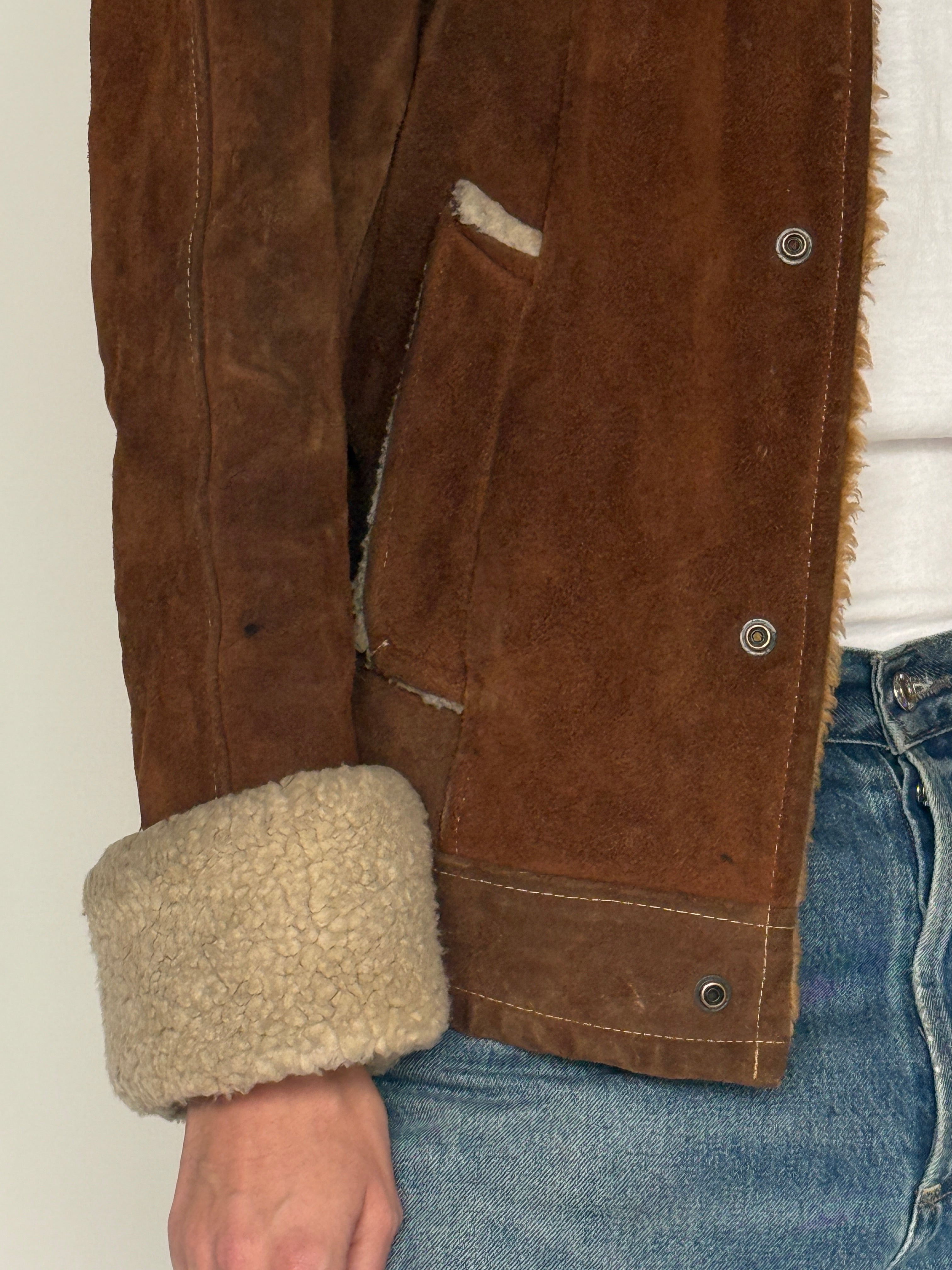 Vintage brown suede shearling jacket fabric close-up