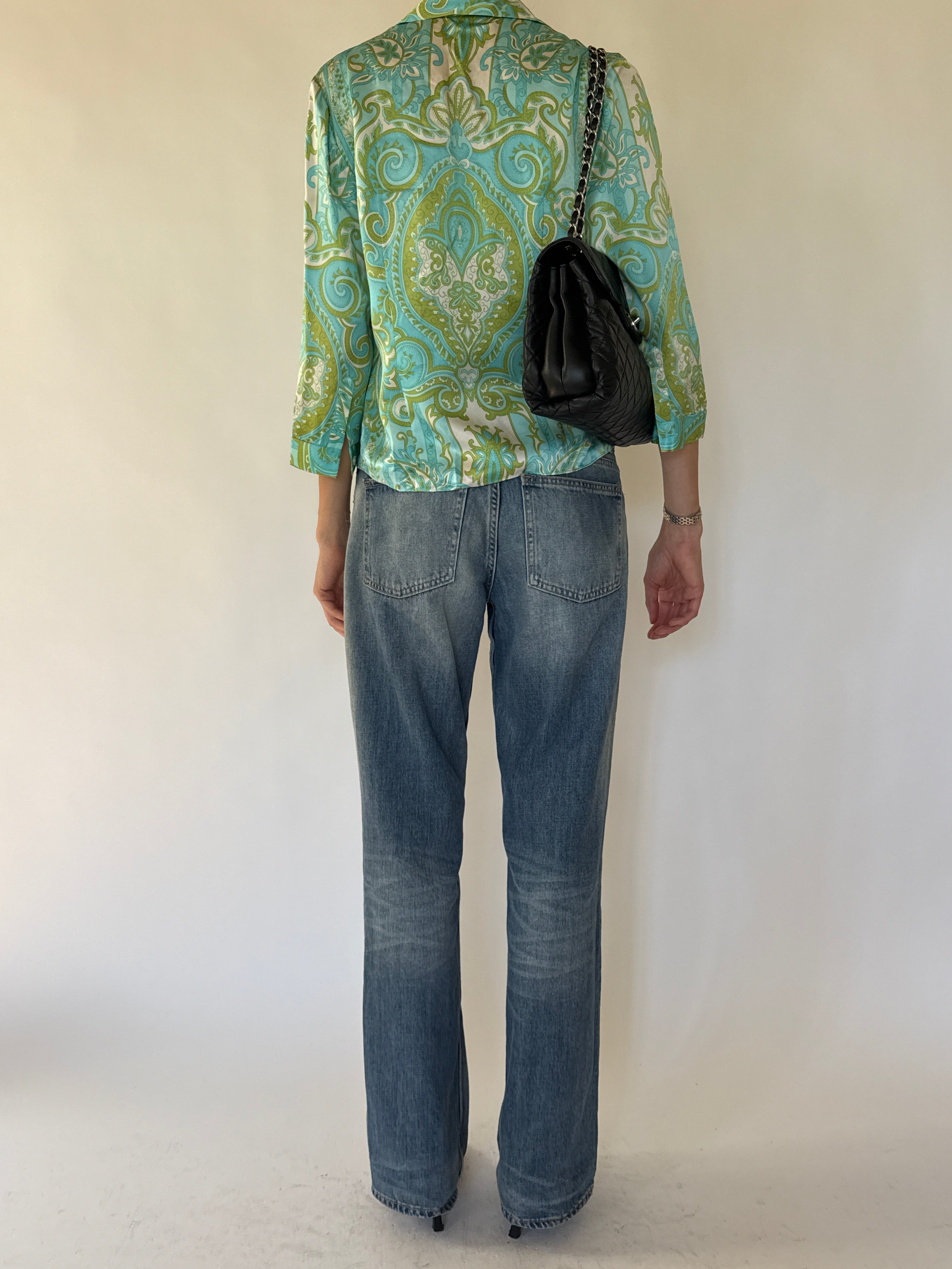 Vintage aqua green silk paisley shirt back view