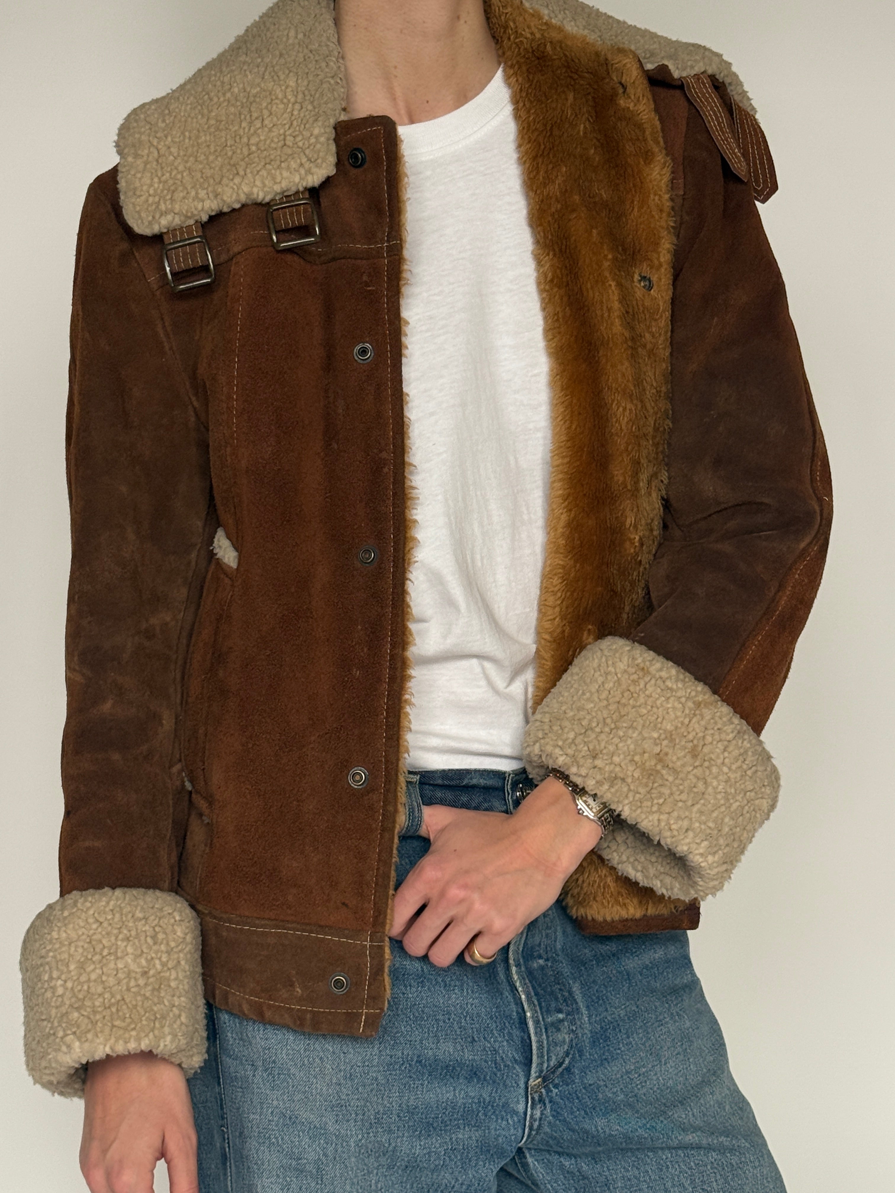 Vintage brown suede shearling jacket front view