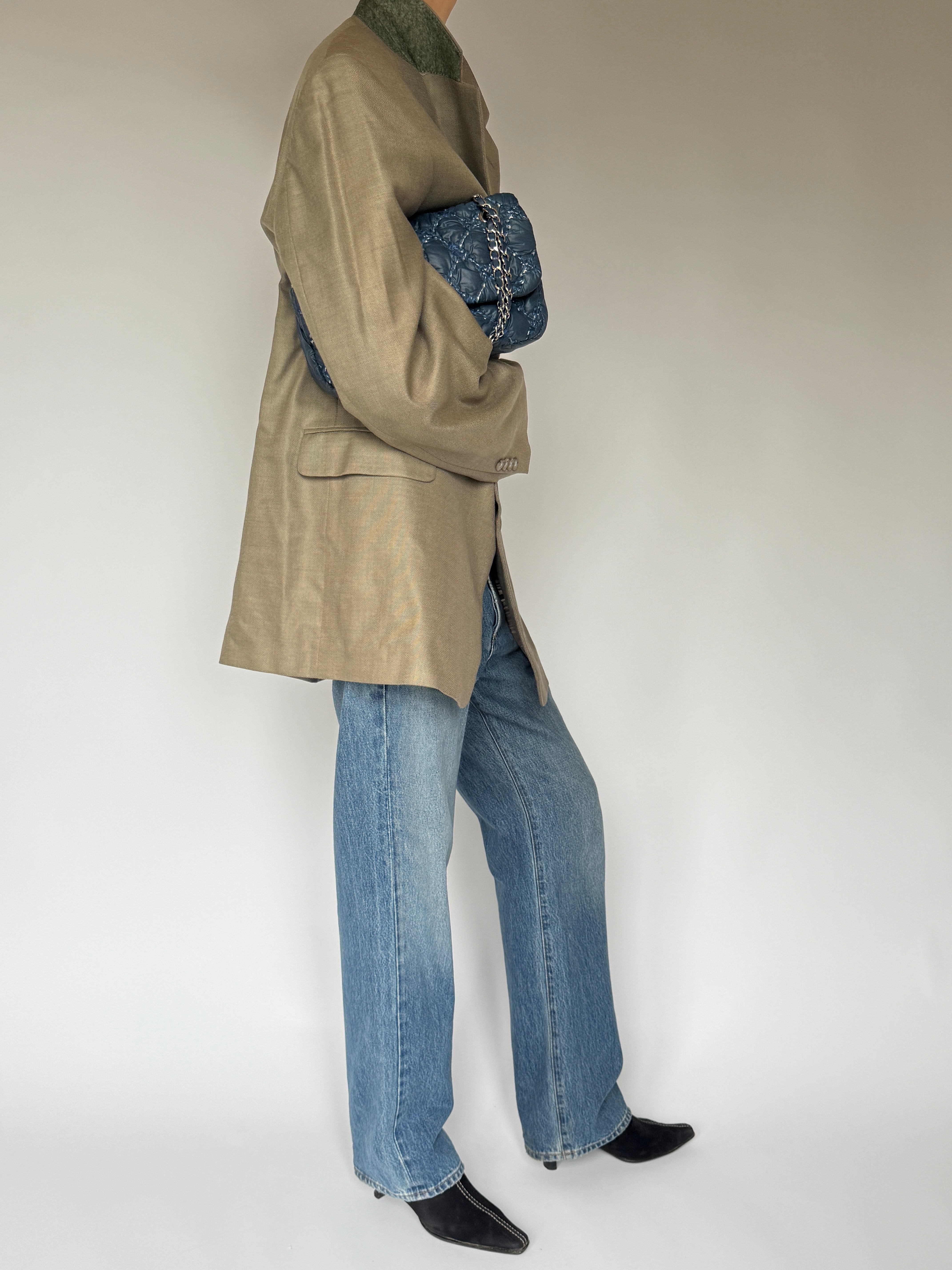 Vintage oversized silk wool blazer with tailored structure in beige side view