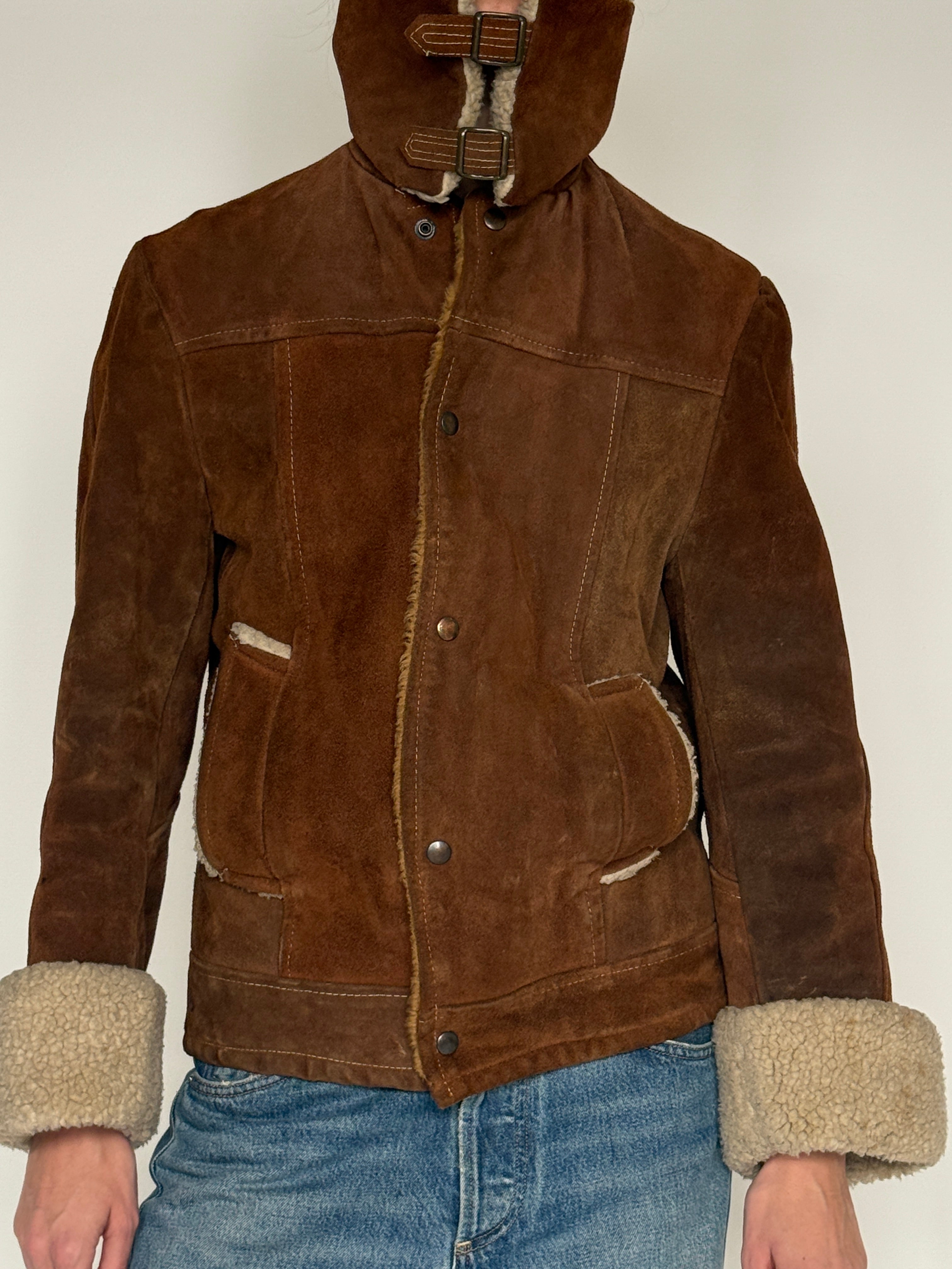 Vintage brown suede shearling jacket front view