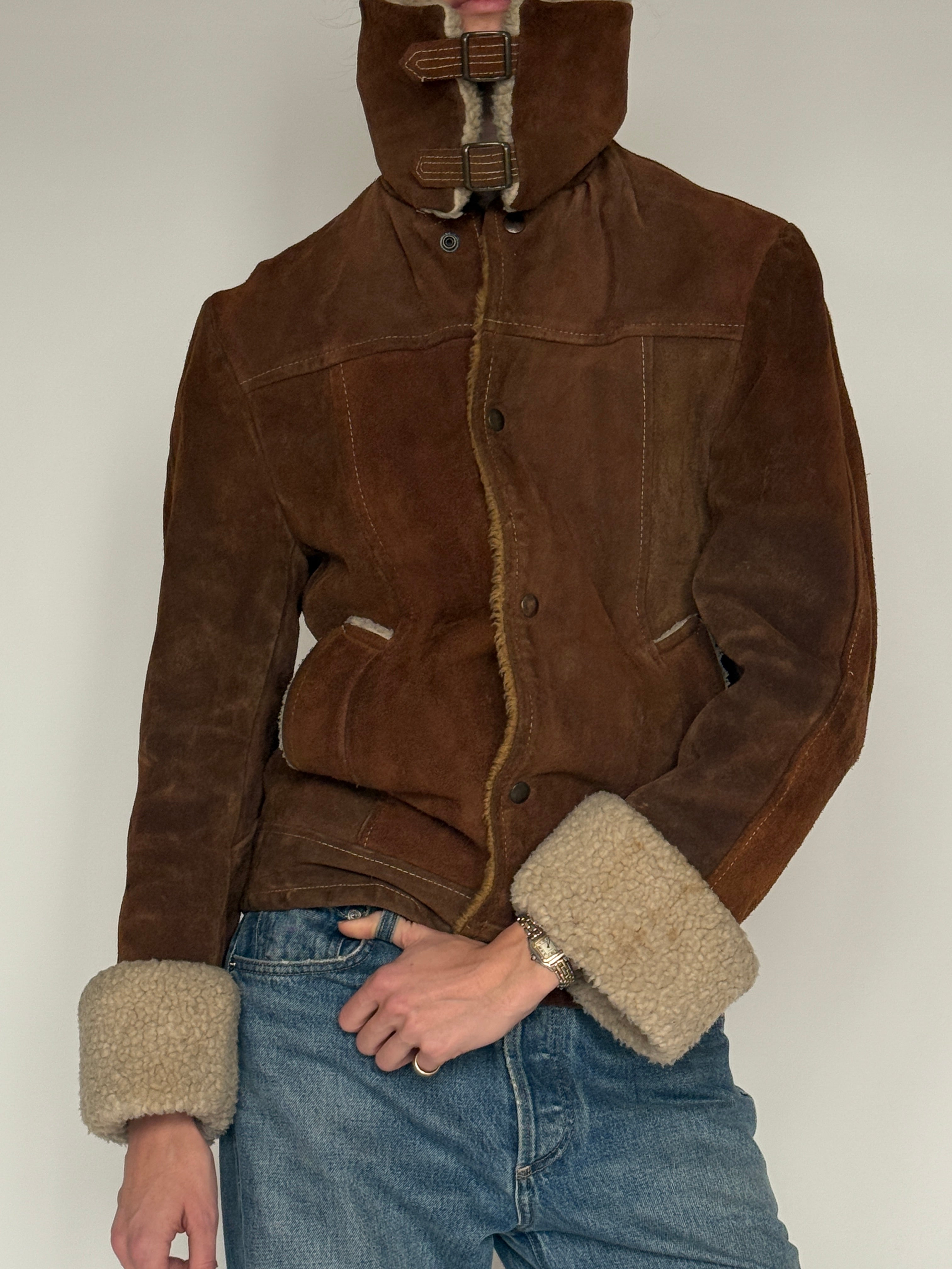 Vintage brown suede shearling jacket pocket detail