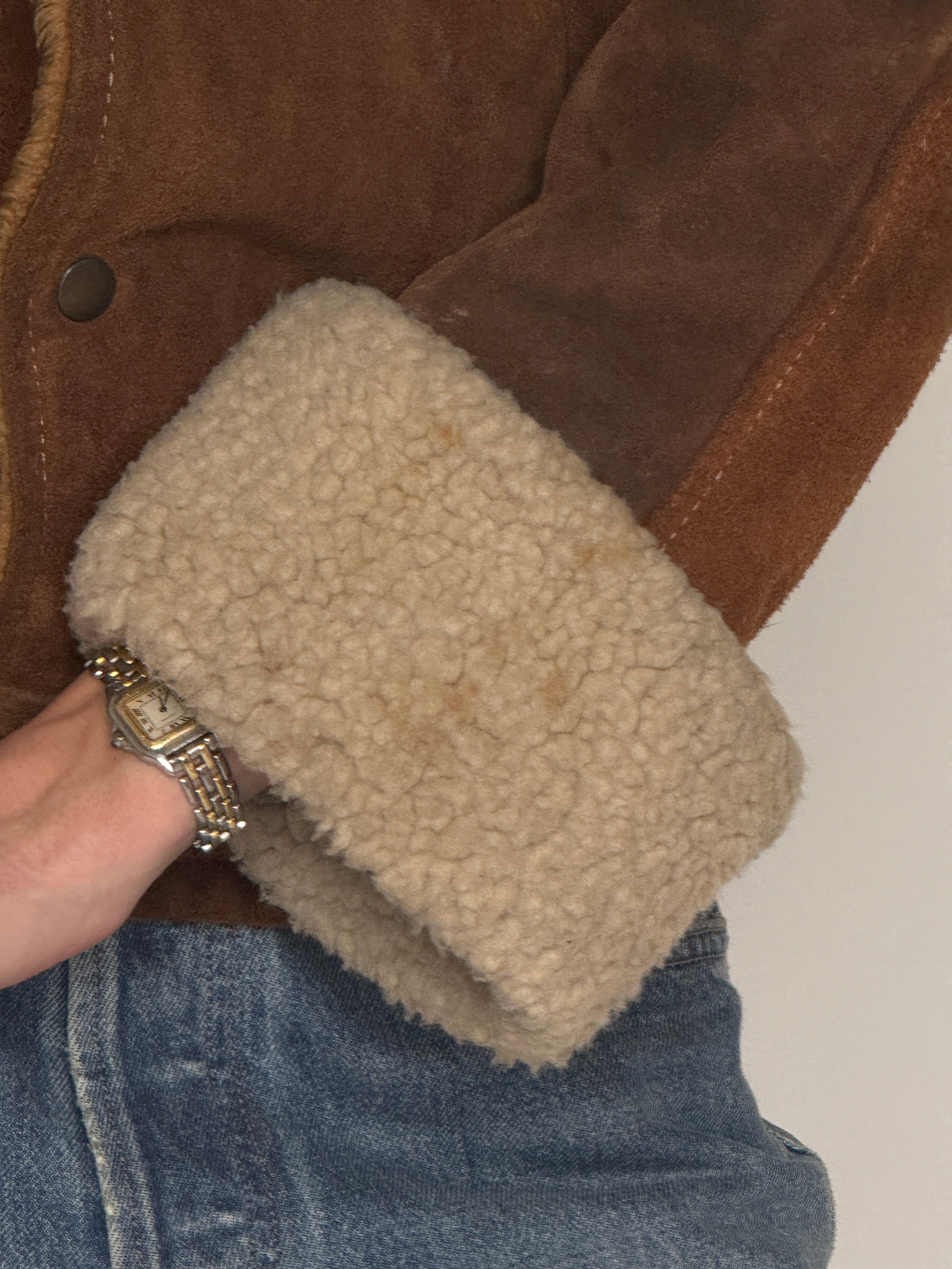 Vintage brown suede shearling jacket cuff shearling detail