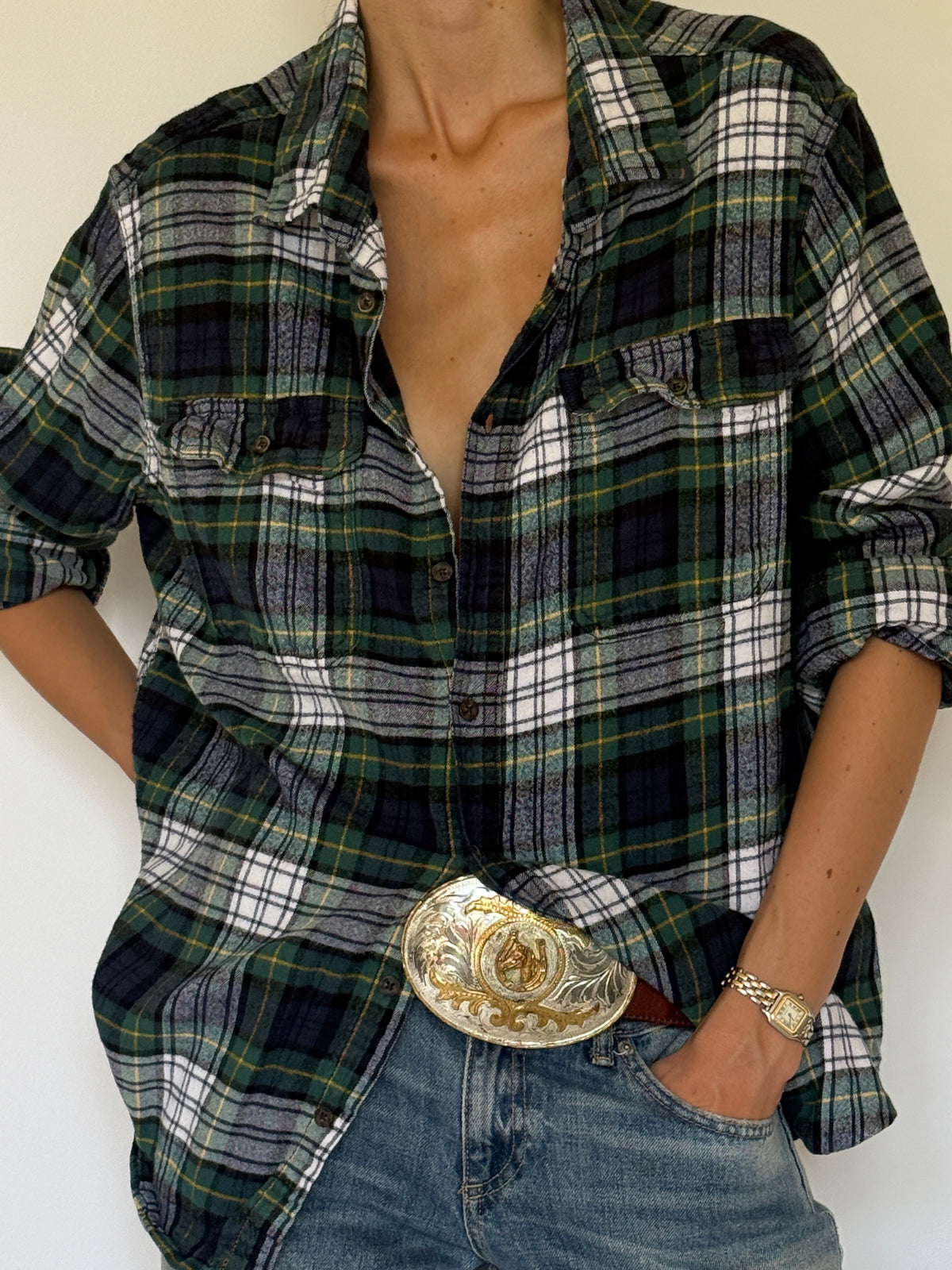 Vintage green plaid flannel shirt front view