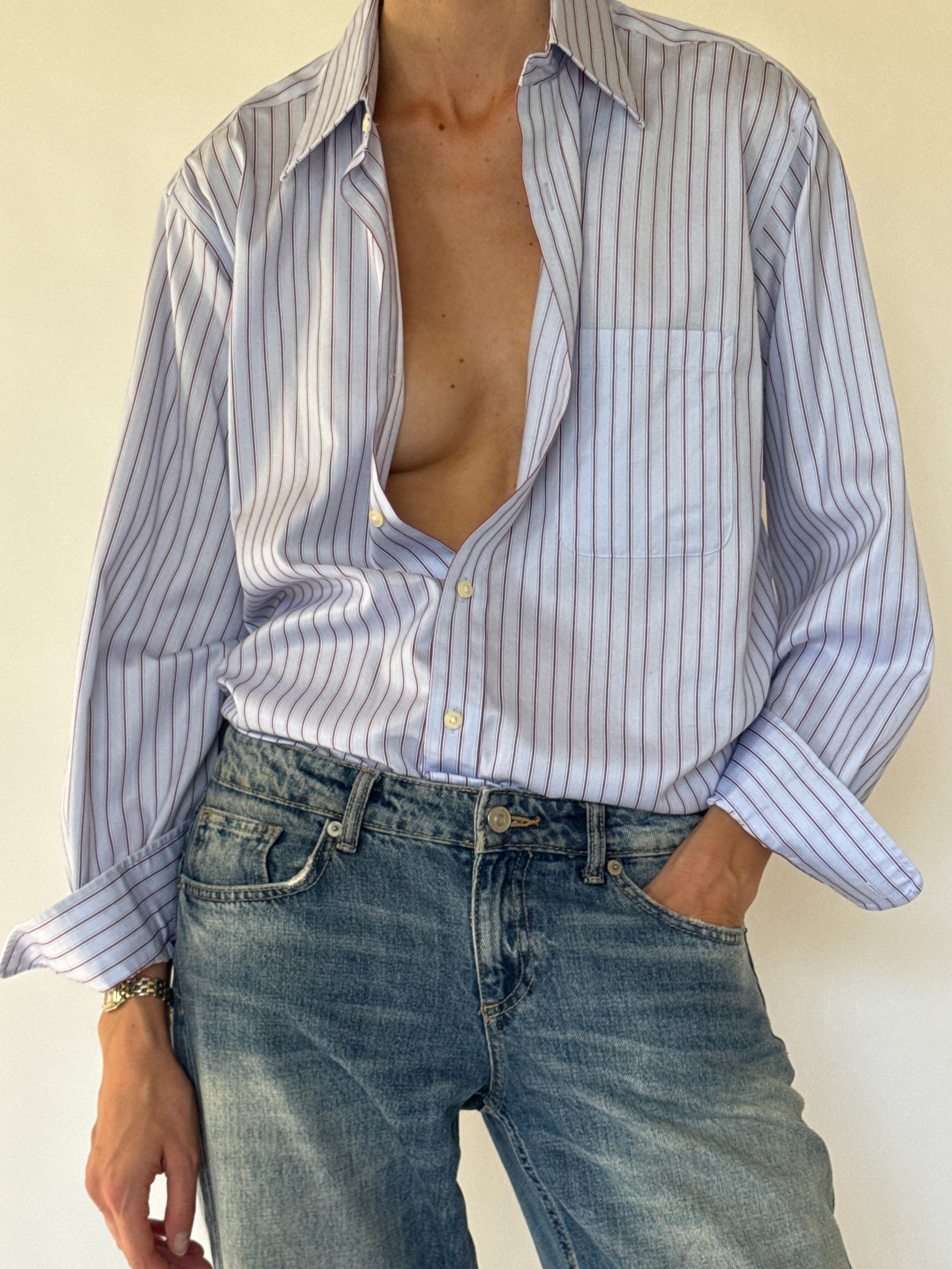Vintage oversized striped button-up shirt front view