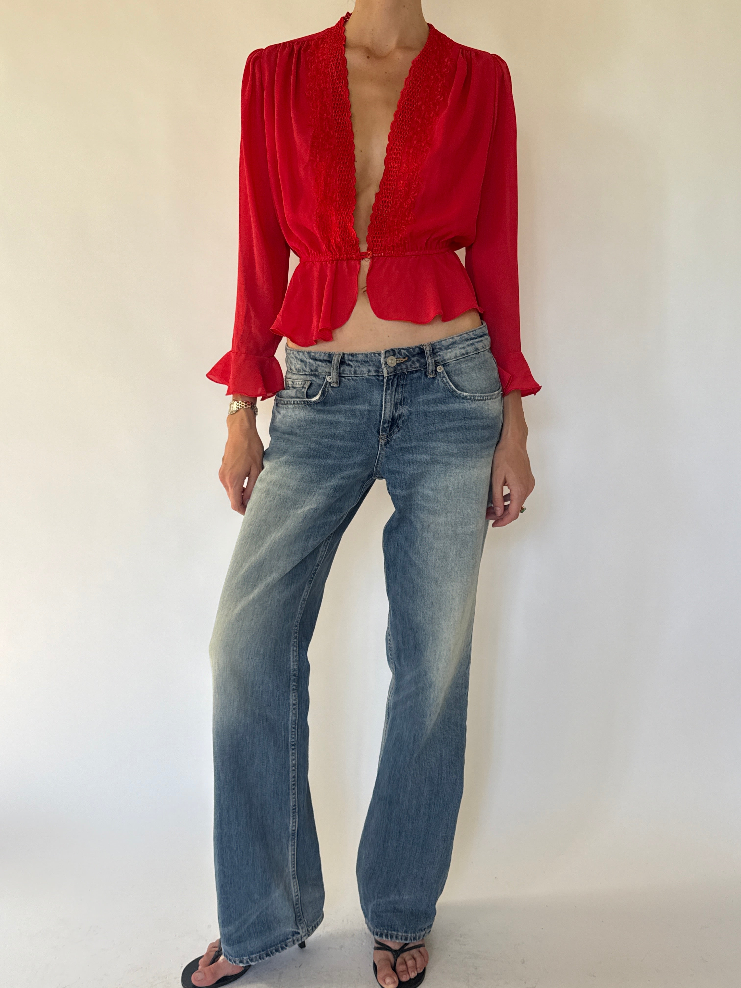 Vintage red lace trim blouse front view
