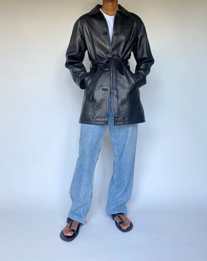 VINTAGE BLACK TRENCH LEATHER JACKET 3631