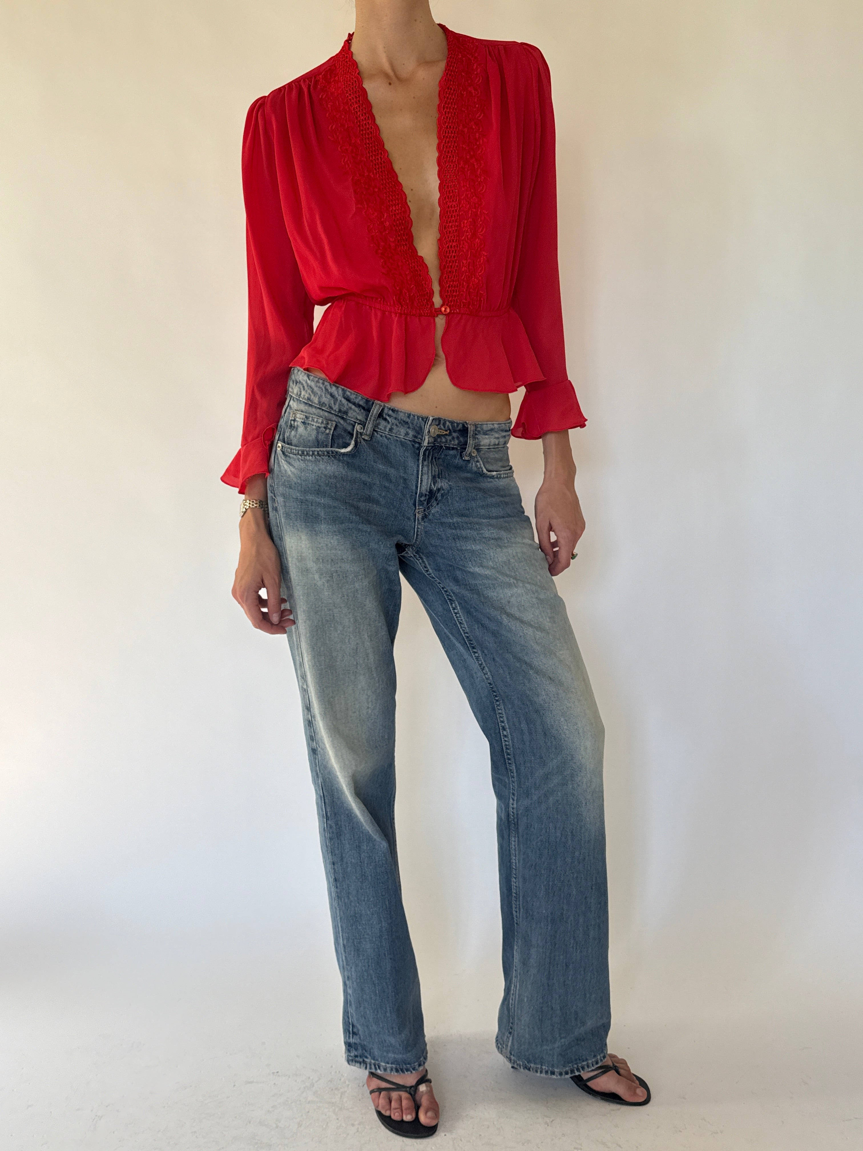 Vintage red lace blouse angled front view