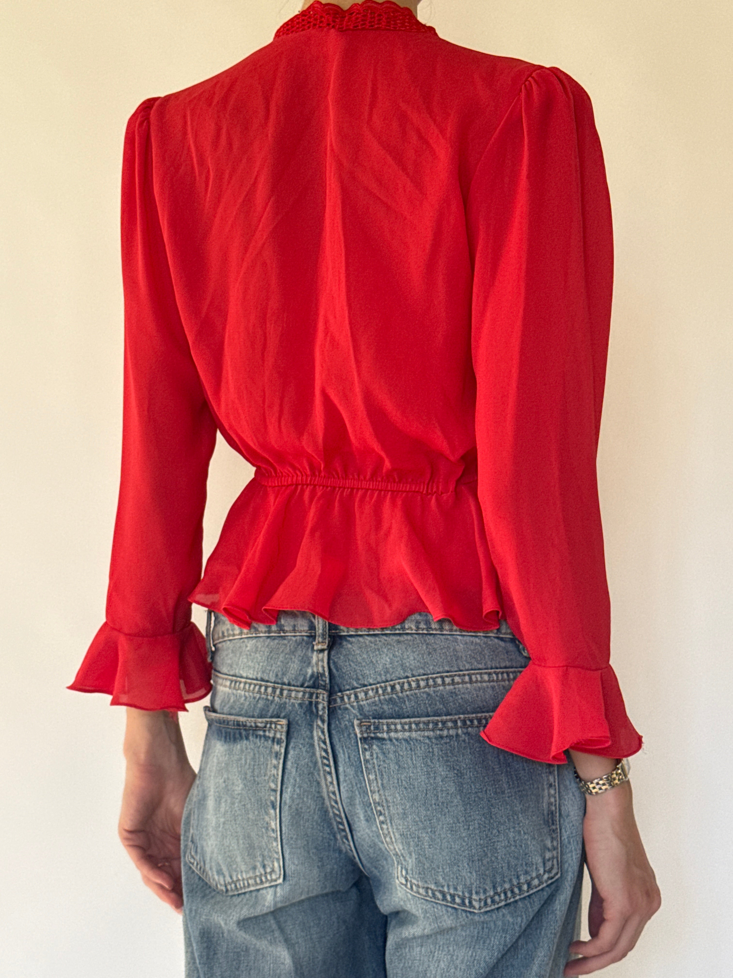 Vintage red lace trim blouse back view