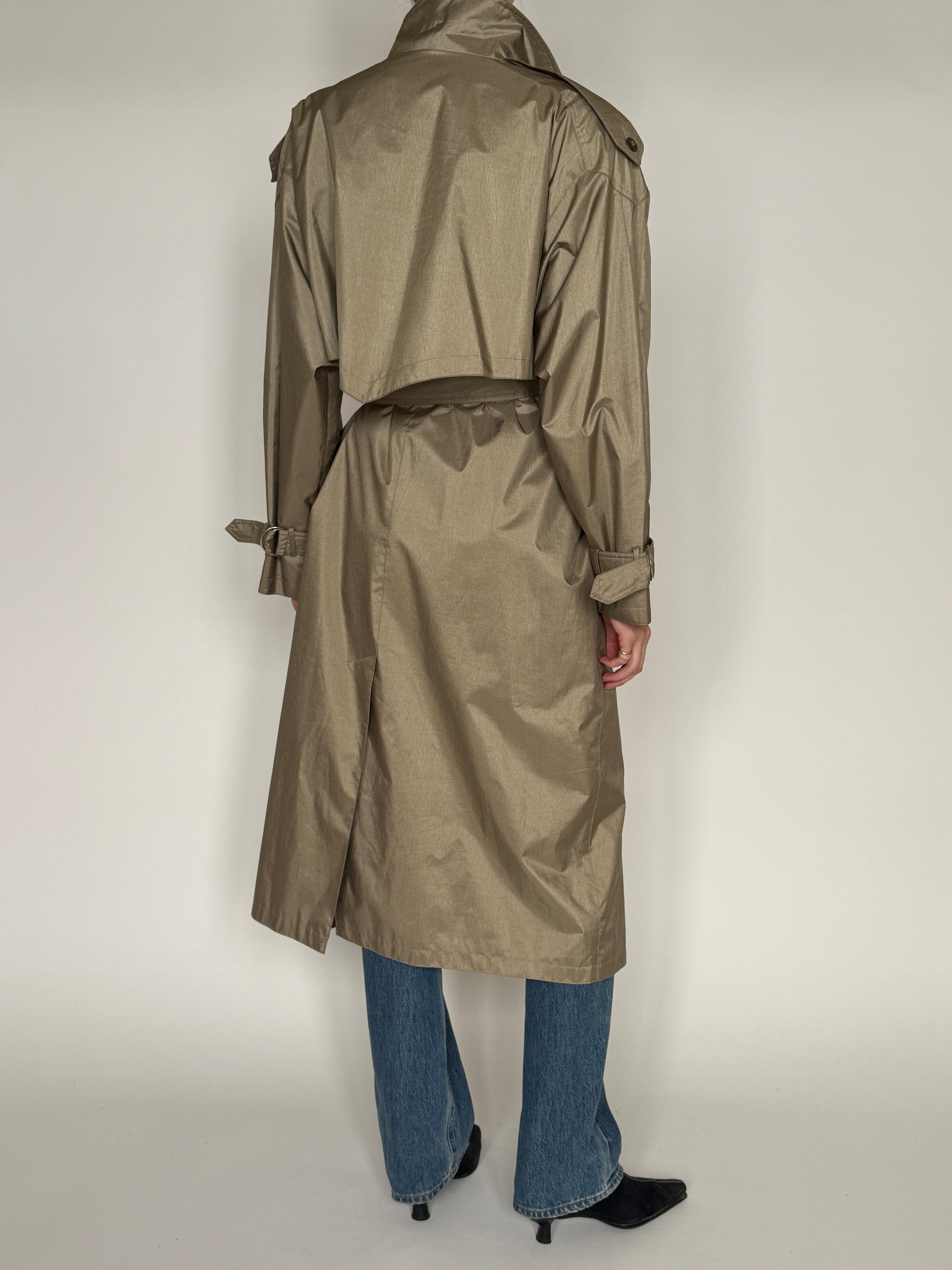 Vintage metallic taupe trench coat back view