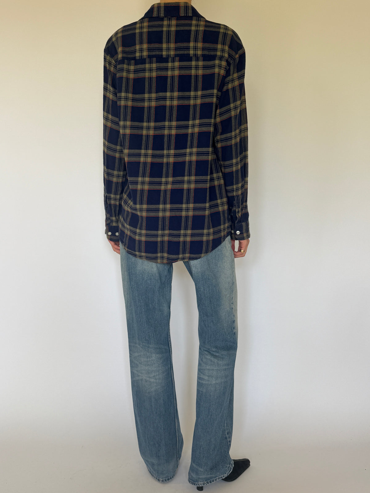 Vintage oversized plaid flannel shirt navy back view