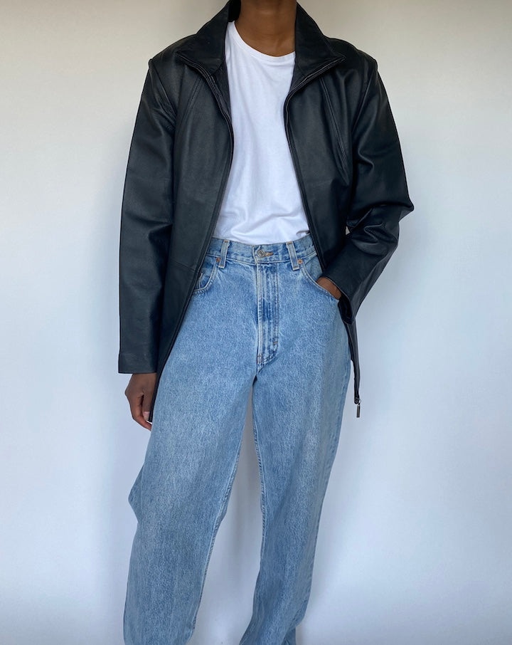 VINTAGE BLACK SHORT LEATHER TRENCH JACKET 3632