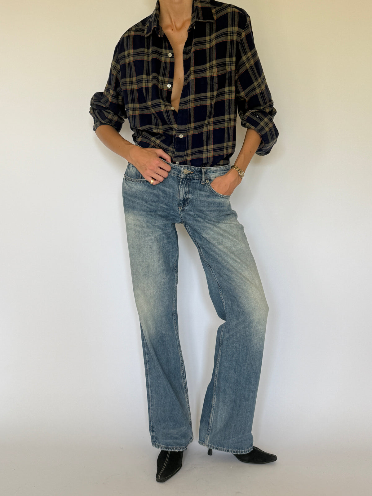 Vintage oversized plaid flannel shirt navy front view