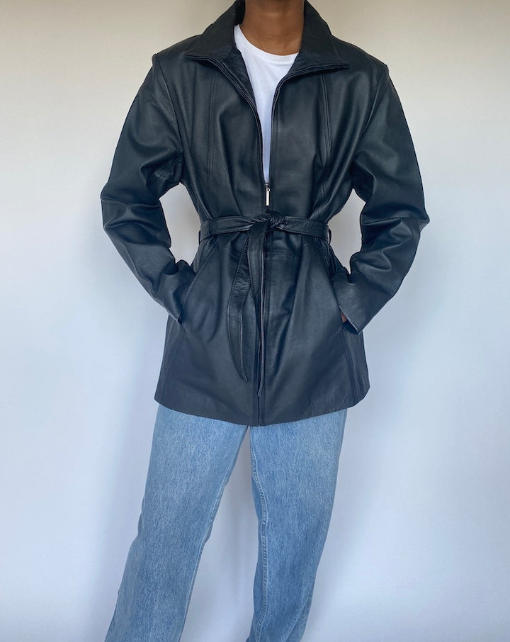 VINTAGE BLACK SHORT LEATHER TRENCH JACKET 3632
