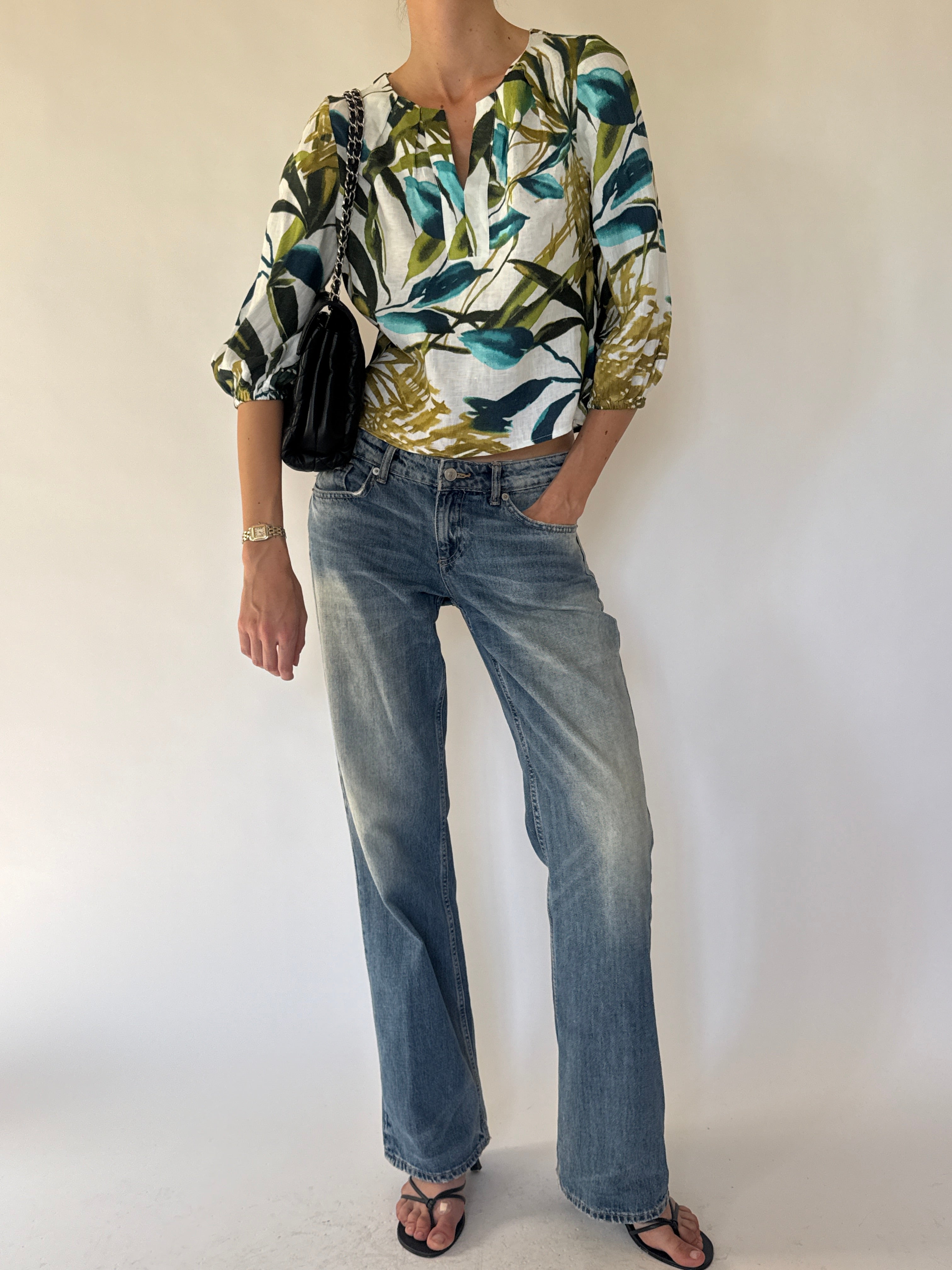 Vintage tropical leaf print top front view