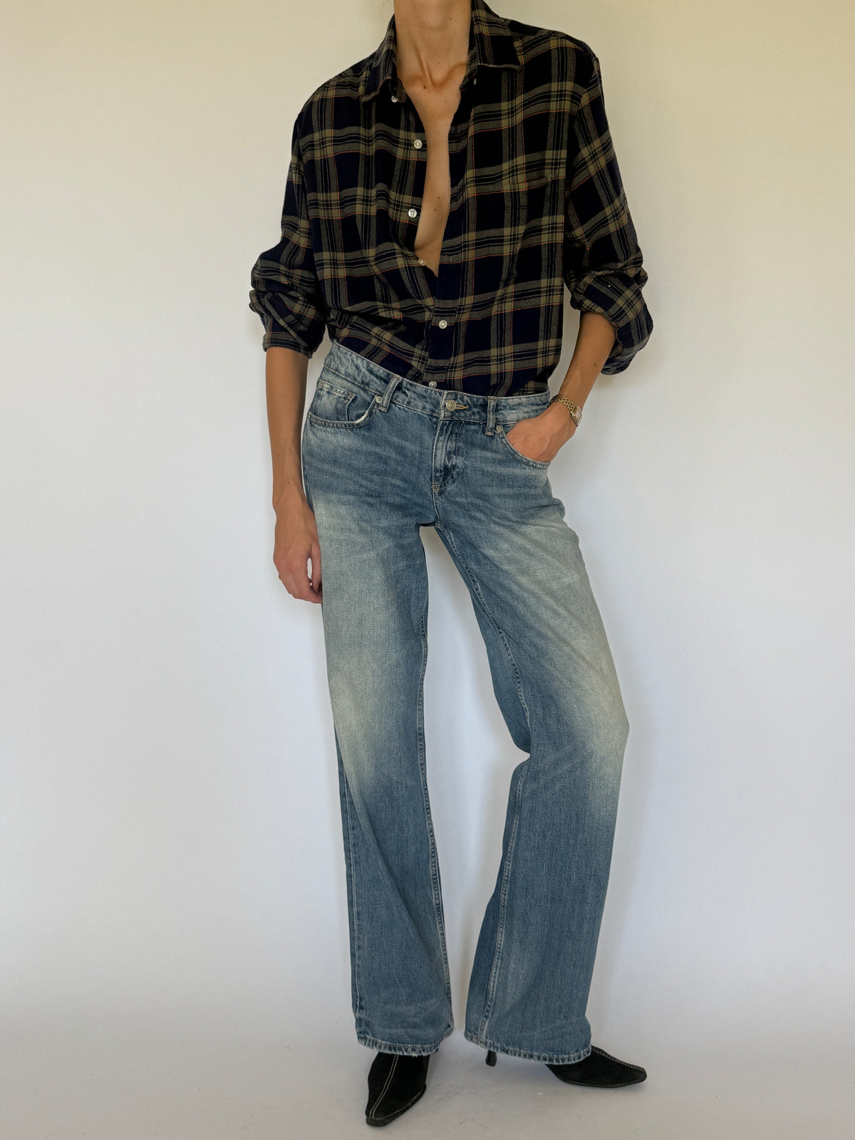 Vintage oversized plaid flannel shirt navy front view