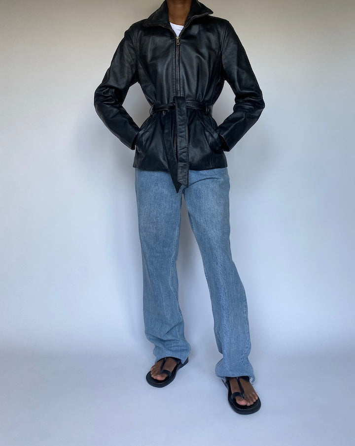 VINTAGE BLACK SHORT TRENCH LEATHER JACKET 3633