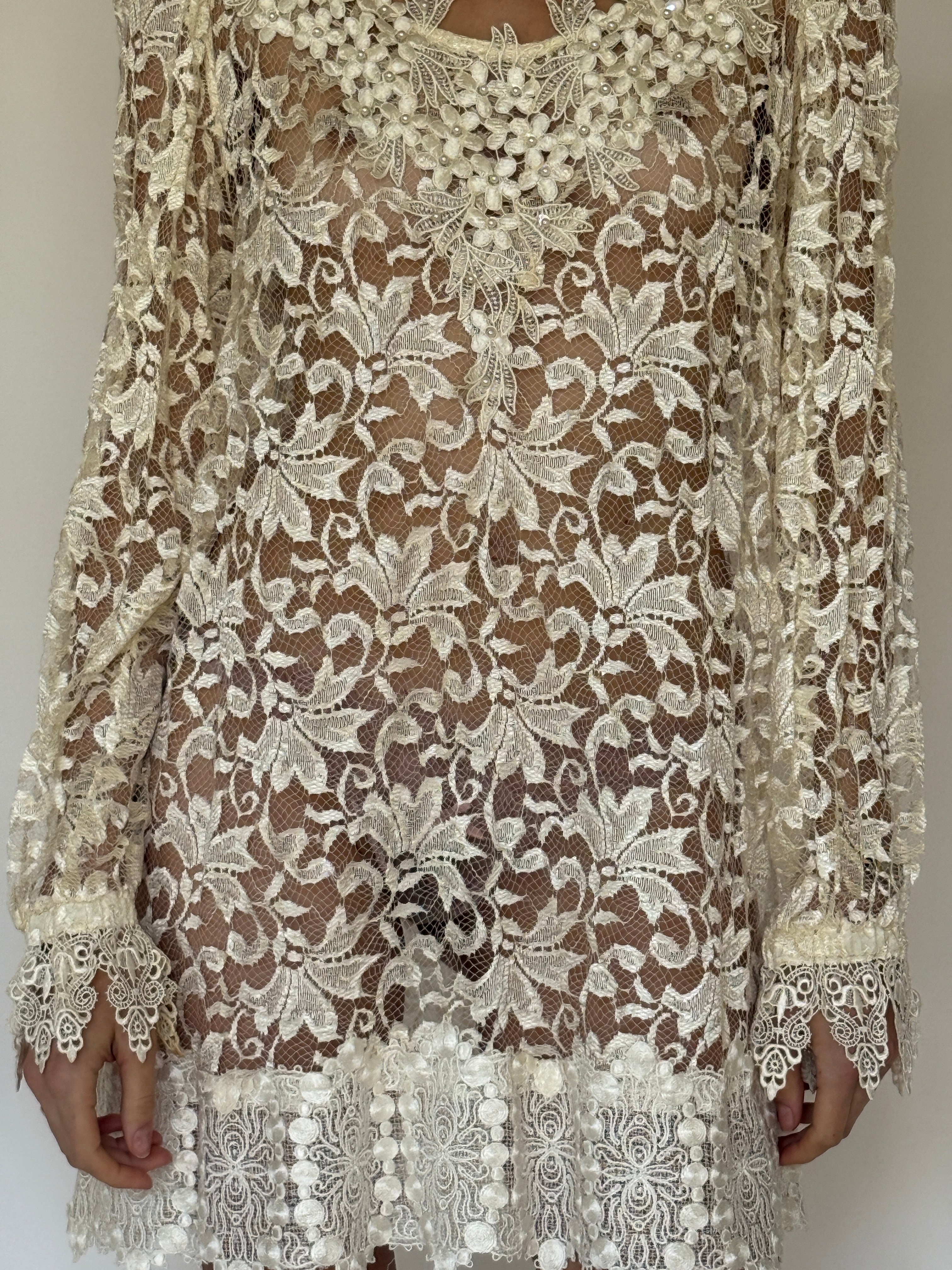 Vintage ivory lace dress set layered together front view