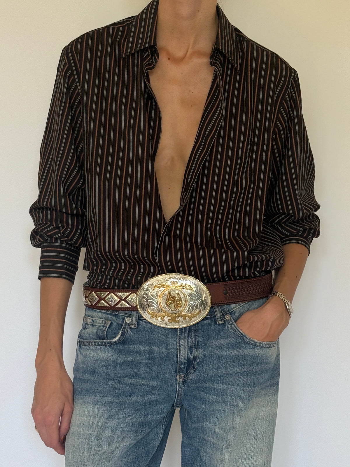 Vintage striped shirt brown alternate front view
