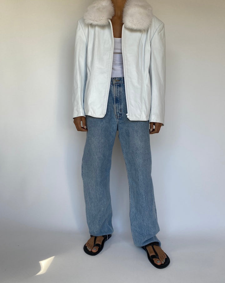 VINTAGE WHITE LEATHER JACKET WITH FUR COLLAR 3225