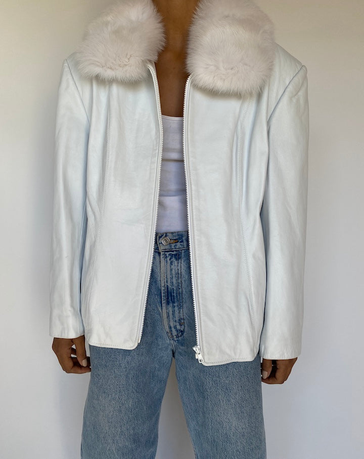 VINTAGE WHITE LEATHER JACKET WITH FUR COLLAR 3225