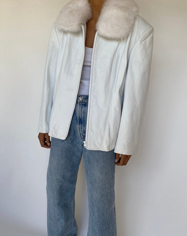 VINTAGE WHITE LEATHER JACKET WITH FUR COLLAR 3225
