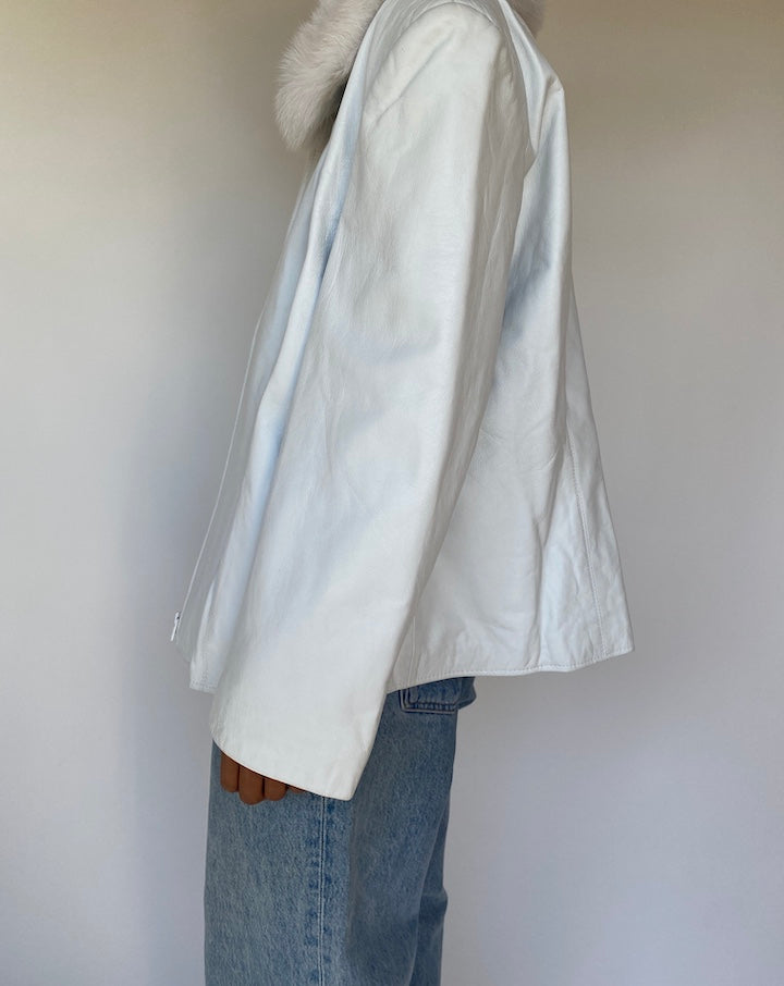 VINTAGE WHITE LEATHER JACKET WITH FUR COLLAR 3225